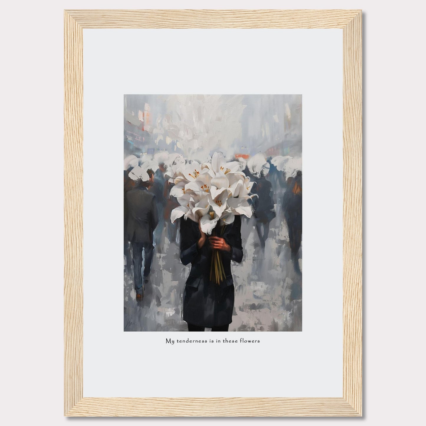 This artwork features a person holding a large bouquet of white lilies in a bustling, blurred cityscape. The image conveys a sense of serenity amidst the chaos. Below the image, the text reads, "My tenderness is in these flowers."