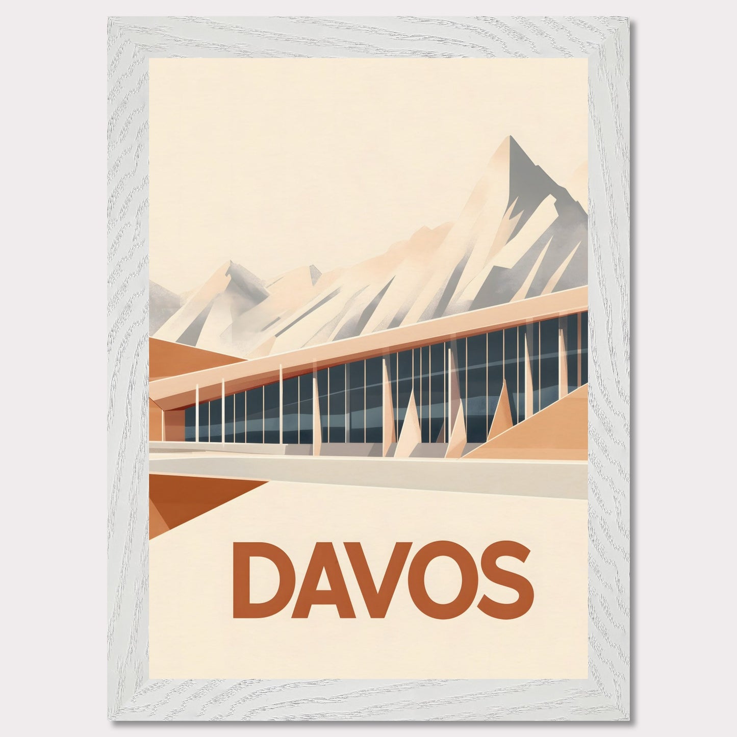 An artistic depiction of Davos, where a contemporary structure stretches along the base of snow-covered peaks. The smooth design of the building complements the sharp mountain ridges, creating a stunning contrast.