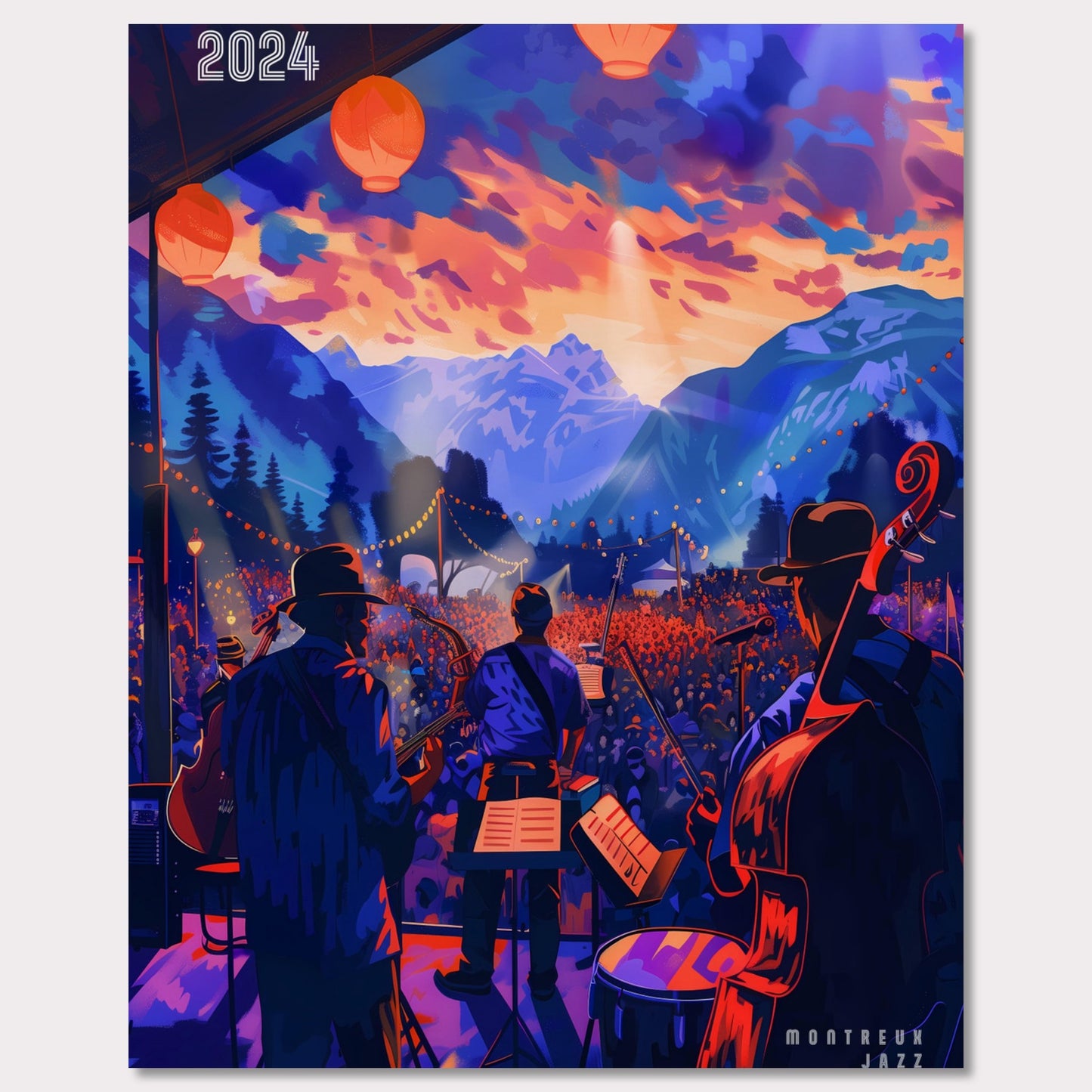 This vibrant poster depicts a lively jazz festival set against a stunning mountain backdrop. The scene is illuminated by colorful lanterns and features a band performing to a large, enthusiastic crowd. The sky is painted with dramatic hues of orange and purple, enhancing the festive atmosphere.