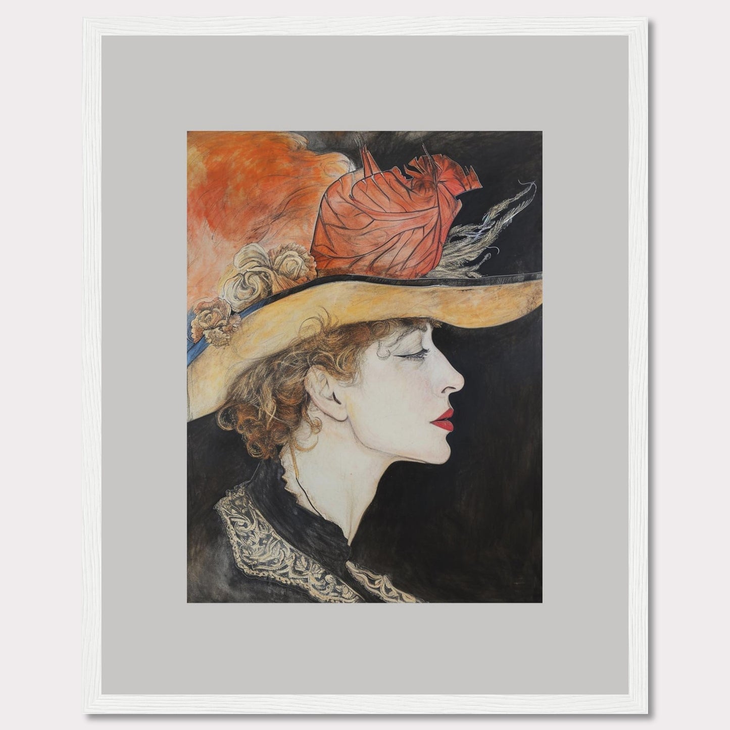 This captivating artwork features a side profile of a woman wearing an elegant hat adorned with feathers and flowers. The detailed illustration showcases her serene expression, accentuated by bold red lips and delicate curls framing her face. The background contrasts beautifully with the vibrant colors of the hat, adding depth to the portrait.