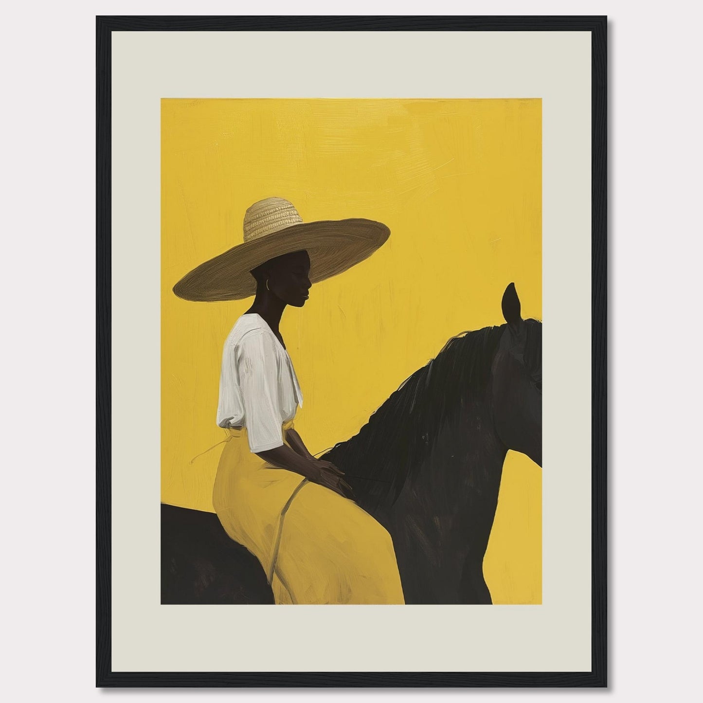 This striking artwork features a silhouette of a person wearing a wide-brimmed hat, seated on a dark horse against a vibrant yellow background. The figure is adorned in a white top and yellow skirt, exuding elegance and tranquility.