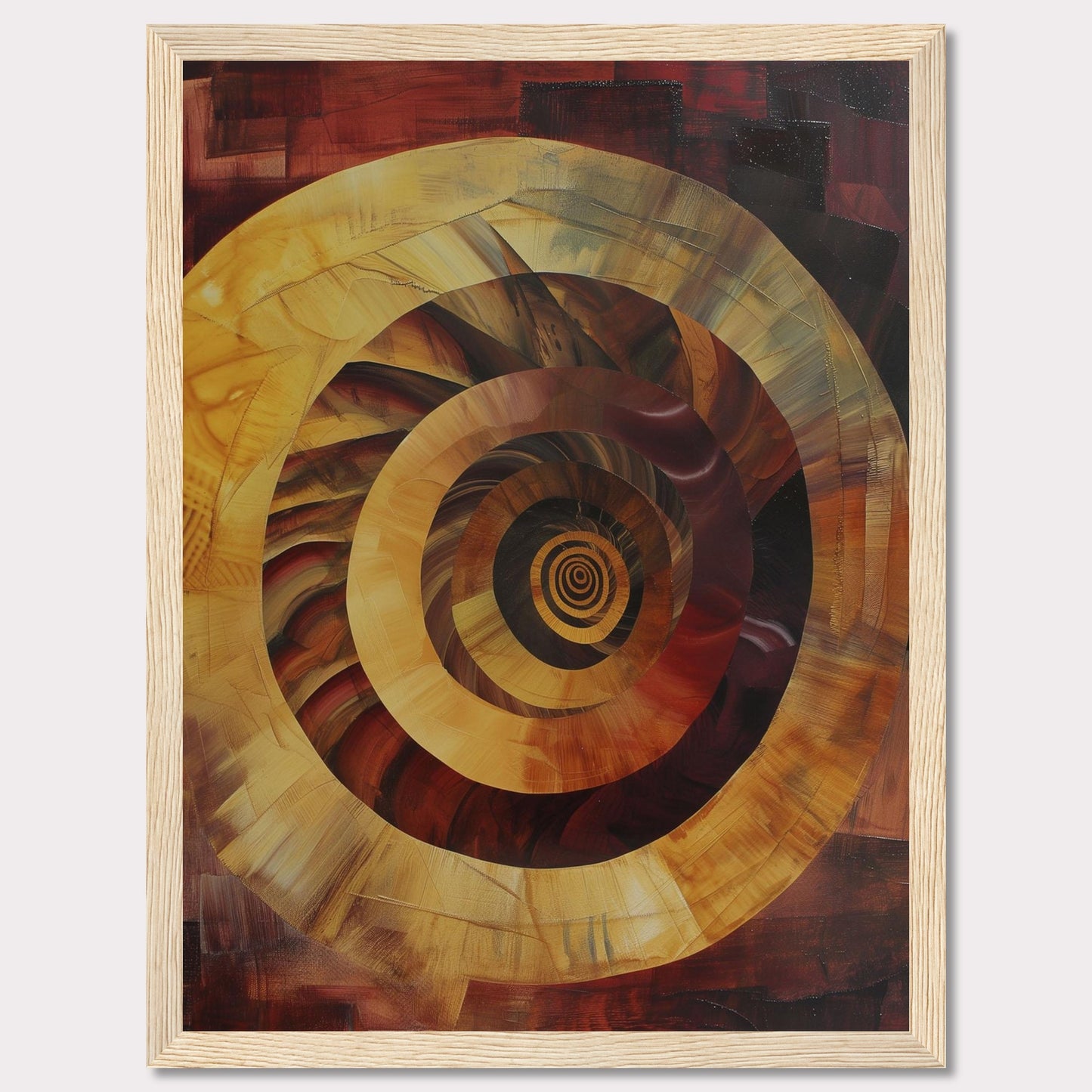 This captivating abstract painting features a mesmerizing spiral design, drawing the viewer into its depths. The artwork is dominated by warm tones of red, orange, and yellow, creating a sense of movement and energy.