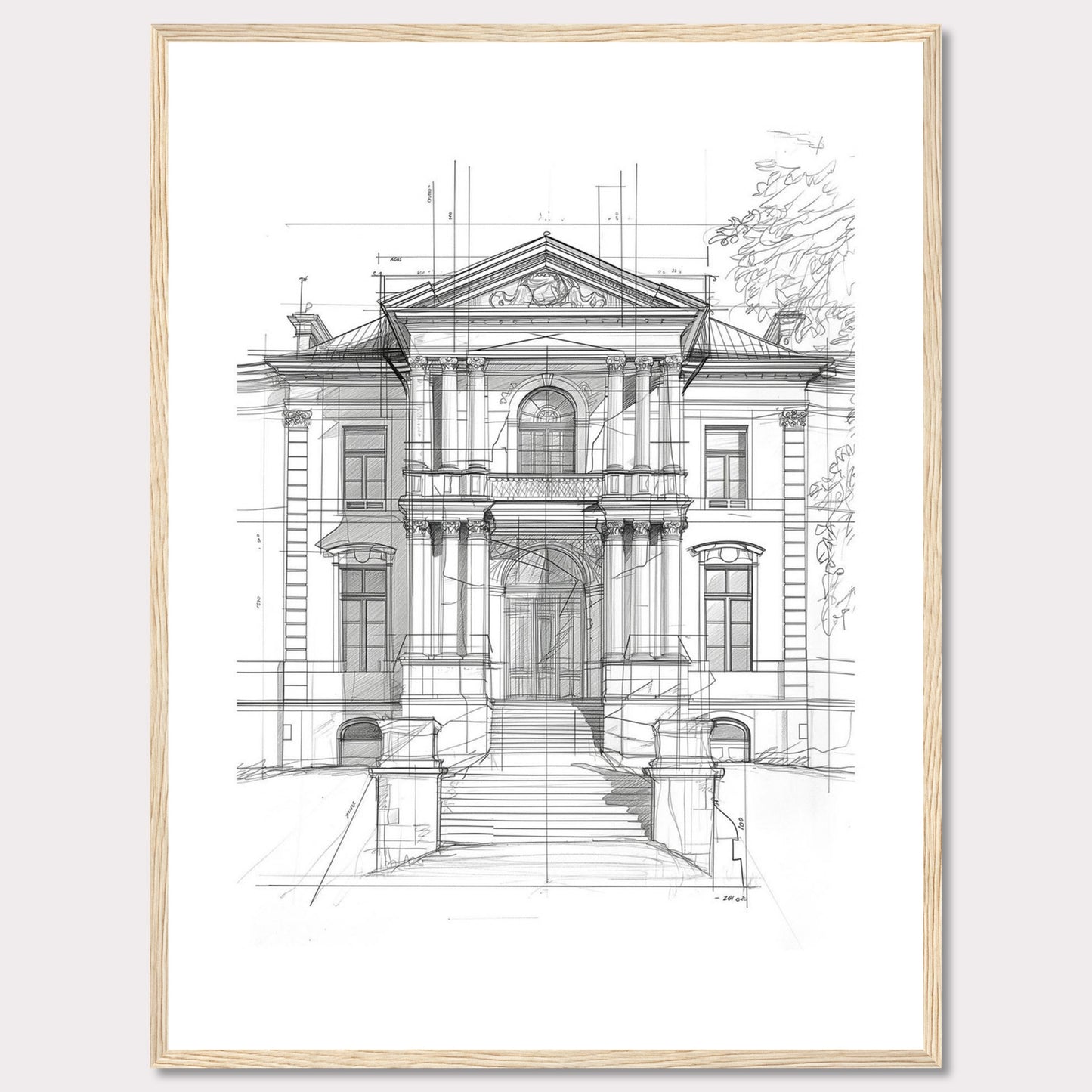 This image showcases an architectural sketch of a grand, classical building. The detailed drawing highlights the intricate design and majestic structure of the edifice.