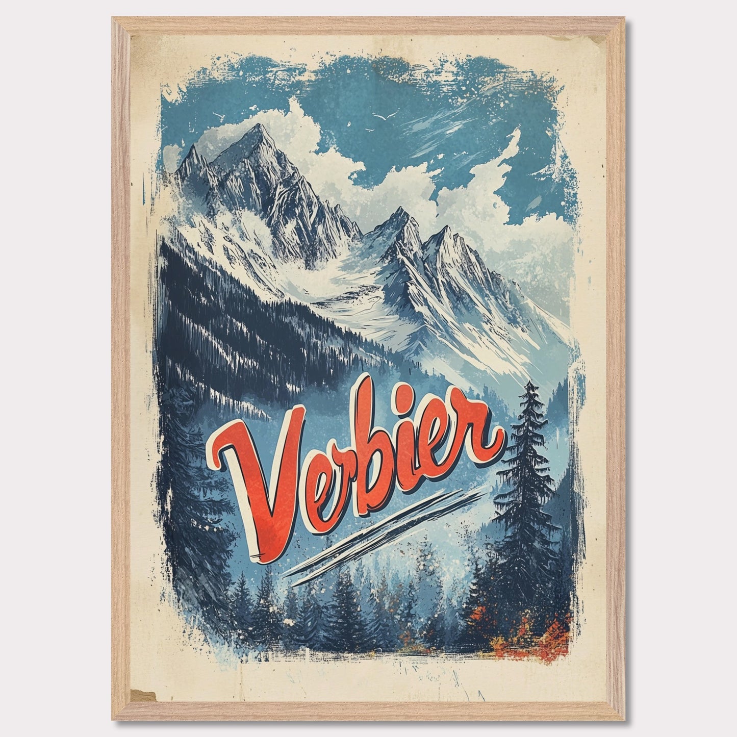 This striking vintage poster captures the breathtaking beauty of Verbier’s mountain peaks. With a bold orange and blue color palette, the image of towering snowy peaks framed by evergreen trees invites adventure and awe. The vintage typography emphasizes Verbier’s allure as a destination for both exploration and relaxation, making this an ideal representation of the Swiss Alps' majestic landscapes.