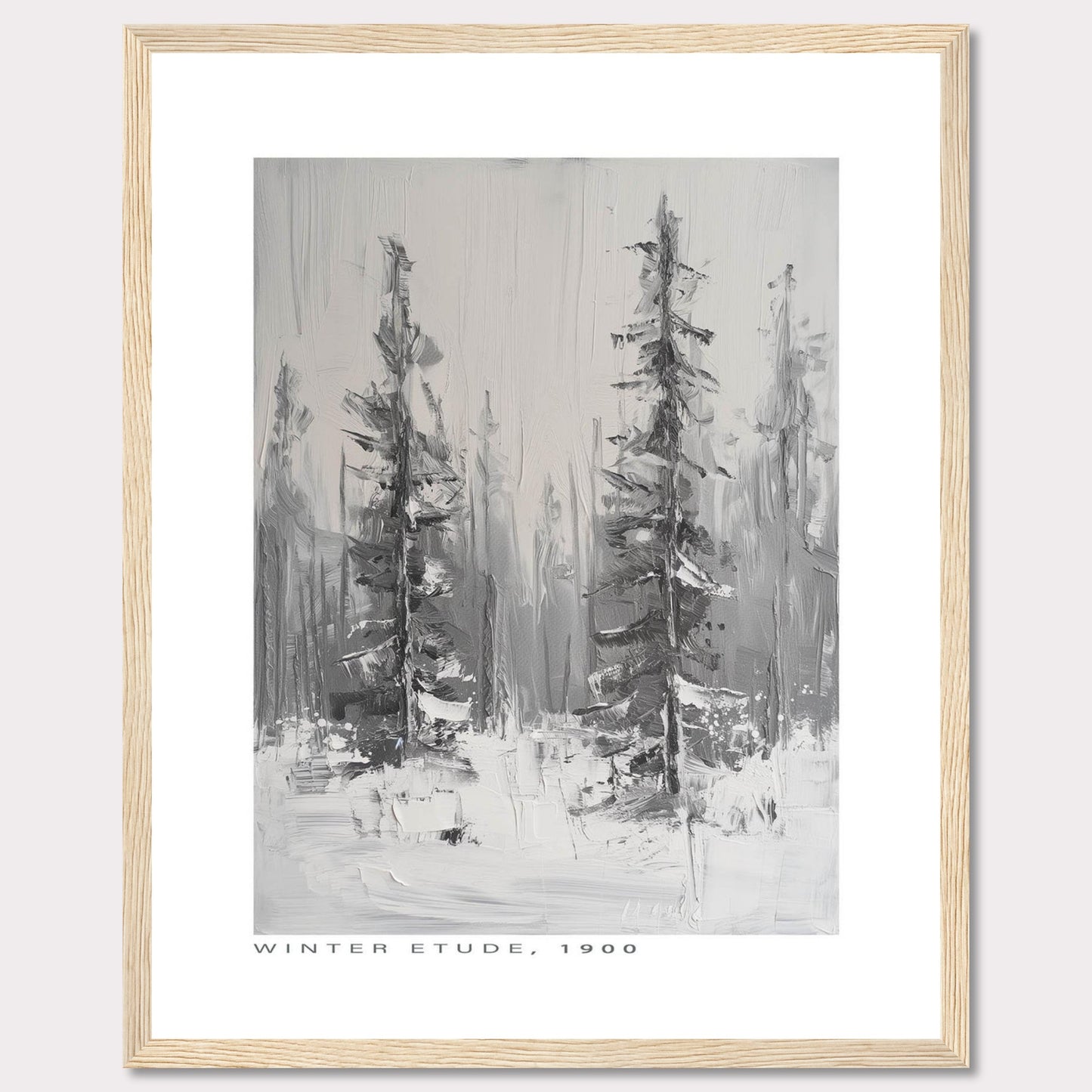 This image showcases a framed painting titled "Winter Etude, 1900". The artwork depicts a serene winter landscape with two prominent trees standing tall amidst a snowy backdrop. The painting is done in grayscale, emphasizing the cold and tranquil atmosphere of winter.