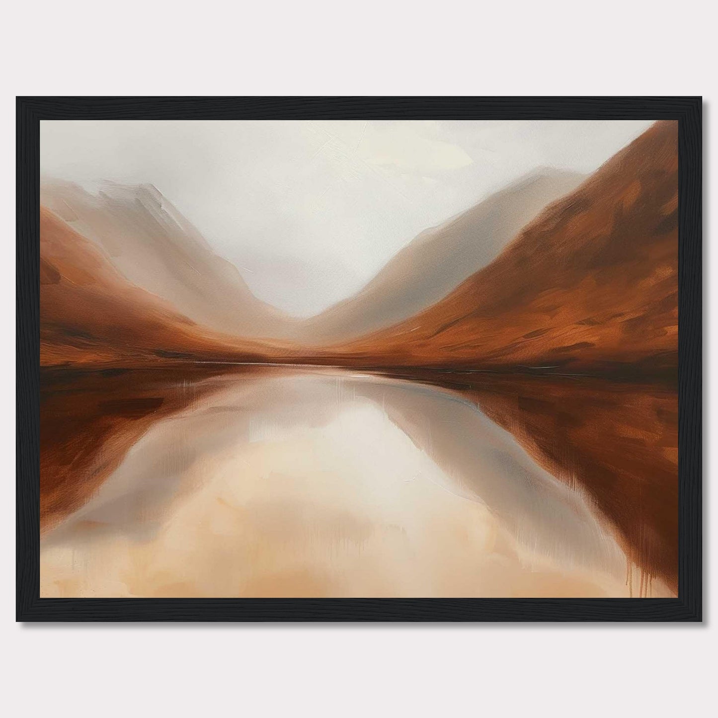 This captivating painting showcases a serene landscape with misty mountains reflected in a calm lake. The earthy tones of the mountains blend seamlessly with the soft, cloudy sky, creating a tranquil and harmonious scene.