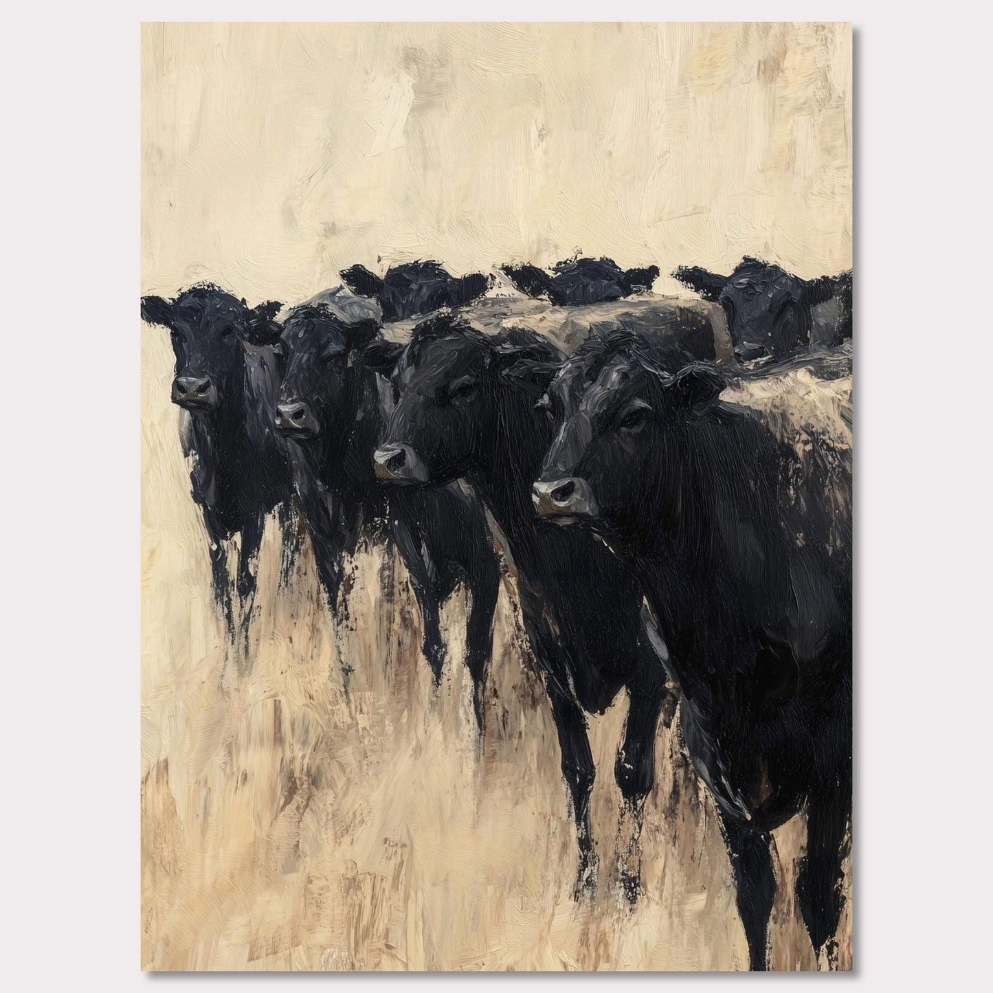 This captivating painting depicts a group of black cows standing together, evoking a sense of unity and strength. The textured brushstrokes and neutral background create a striking contrast, highlighting the animals' dark forms.