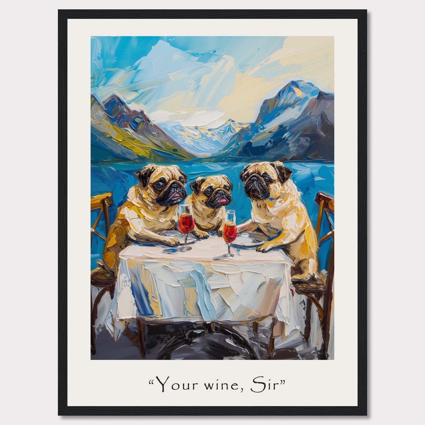 This whimsical painting depicts three pugs sitting at a table, each with a glass of red wine in front of them. The background showcases a stunning mountain landscape with a serene lake. The artwork is framed and includes the caption "Your wine, Sir" at the bottom.