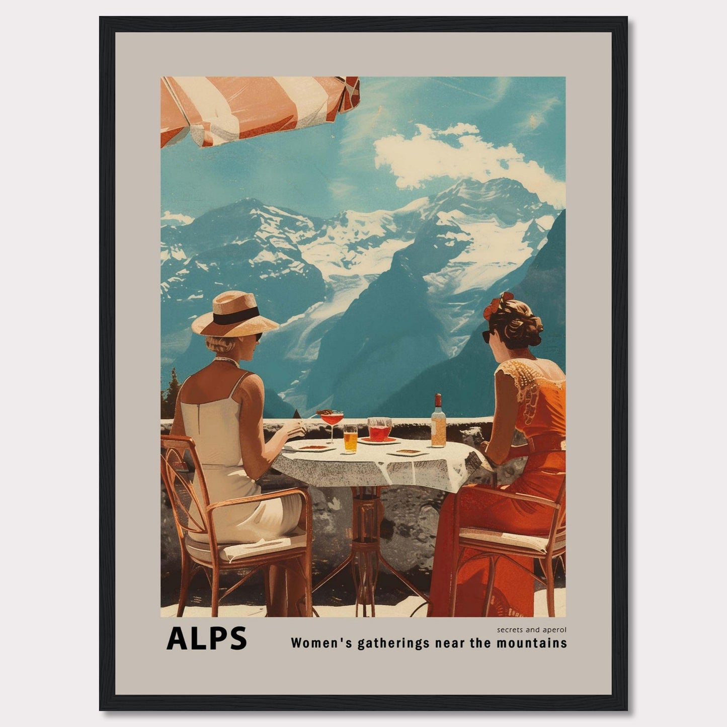 A beautiful vintage-style poster depicting two women enjoying a drink at a table with a stunning view of the Alps mountains in the background.