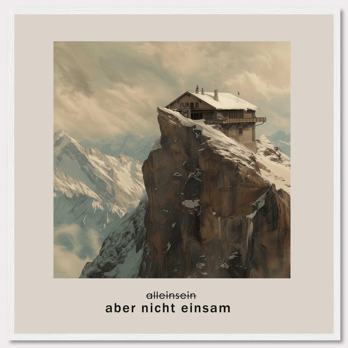 This image depicts a solitary house perched on a rugged, snow-covered mountain peak with a dramatic backdrop of towering mountains and a cloudy sky. The German text below the image reads "aber nicht einsam," which translates to "but not lonely."