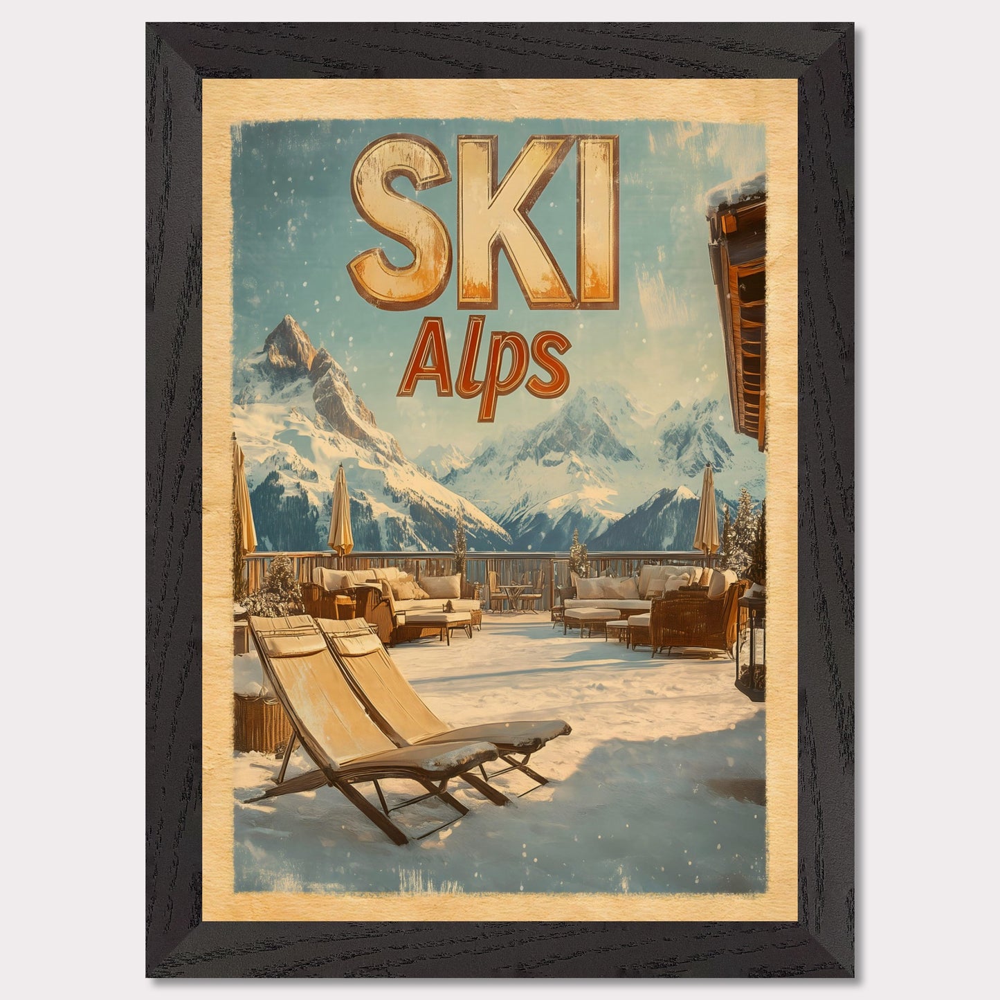 This captivating poster presents a luxurious alpine terrace overlooking majestic snowy peaks. The cozy lounge chairs, wooden railings, and soft golden light create an inviting winter escape. The serene atmosphere and breathtaking views evoke a sense of tranquility and connection to nature.