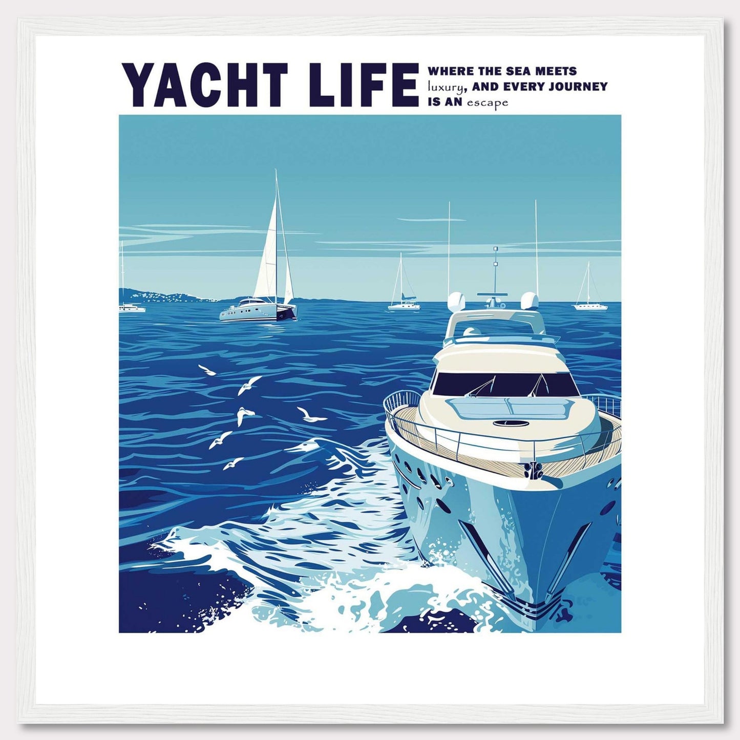 This captivating artwork depicts a serene ocean scene with luxurious yachts sailing under a clear blue sky. The image conveys a sense of tranquility and adventure, inviting viewers to imagine themselves embarking on a luxurious journey at sea.