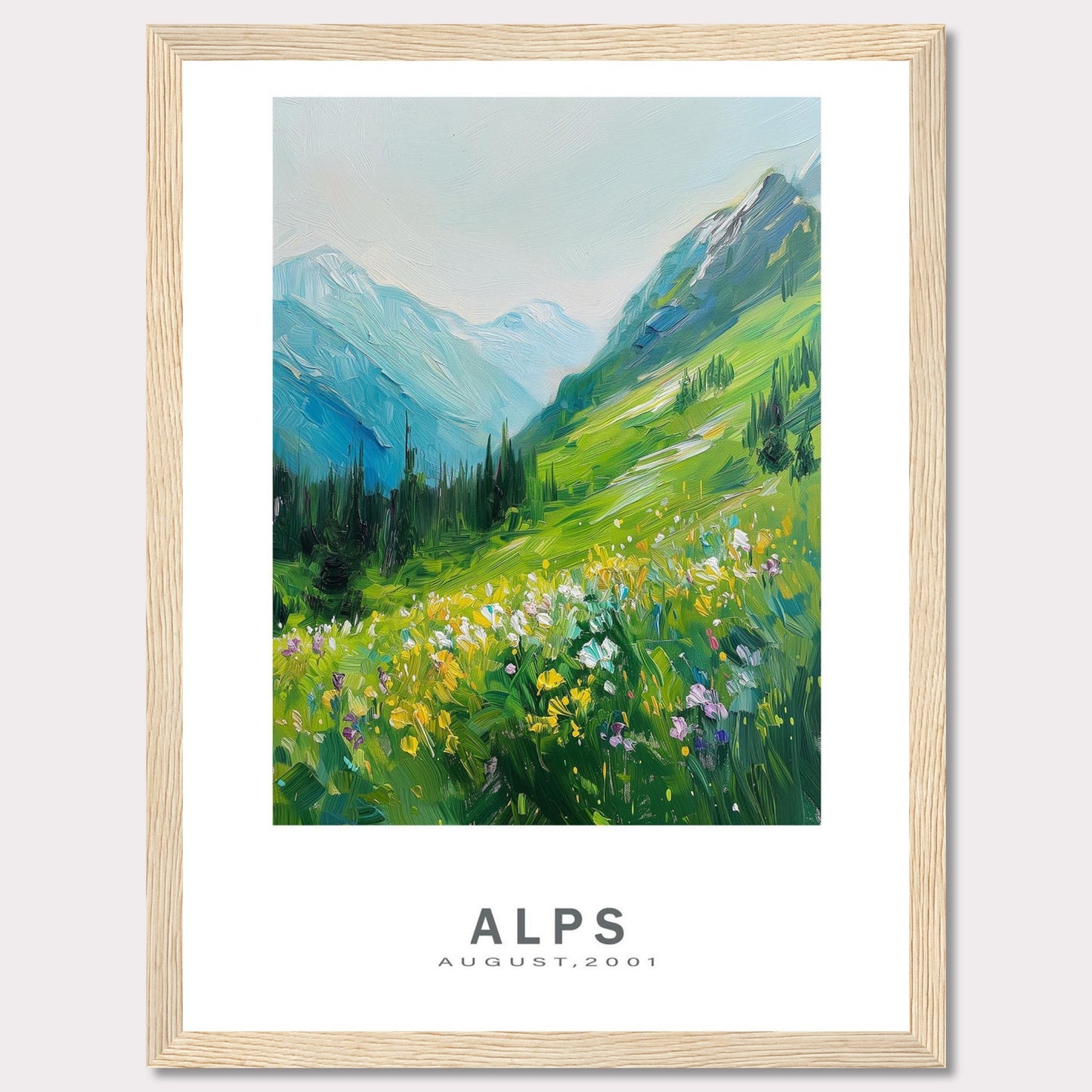 This beautiful framed artwork captures a vibrant and serene landscape of the Alps in August 2001. The painting showcases lush green mountains, colorful wildflowers, and a tranquil sky.