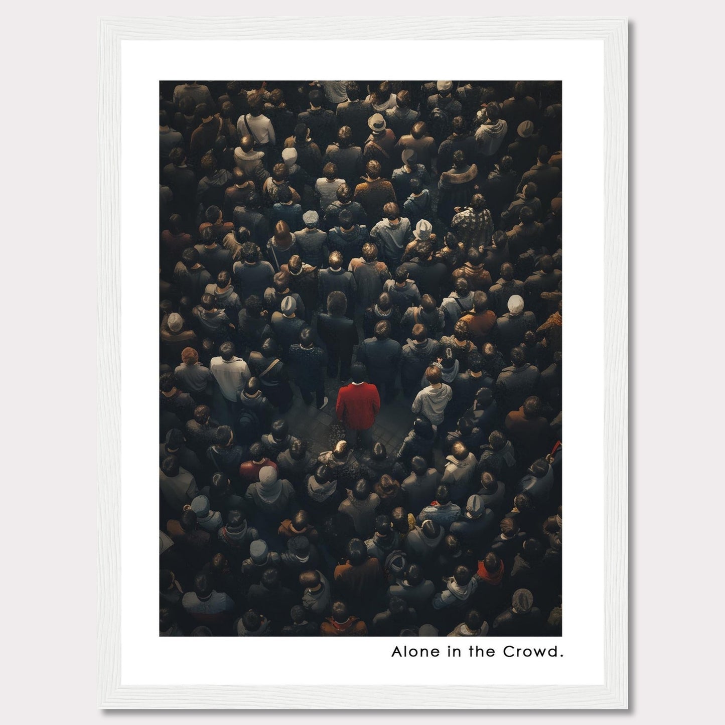 This image depicts a lone individual in a red coat standing amidst a dense crowd of people, all dressed in darker colors. The contrast highlights the feeling of isolation despite being surrounded by others.