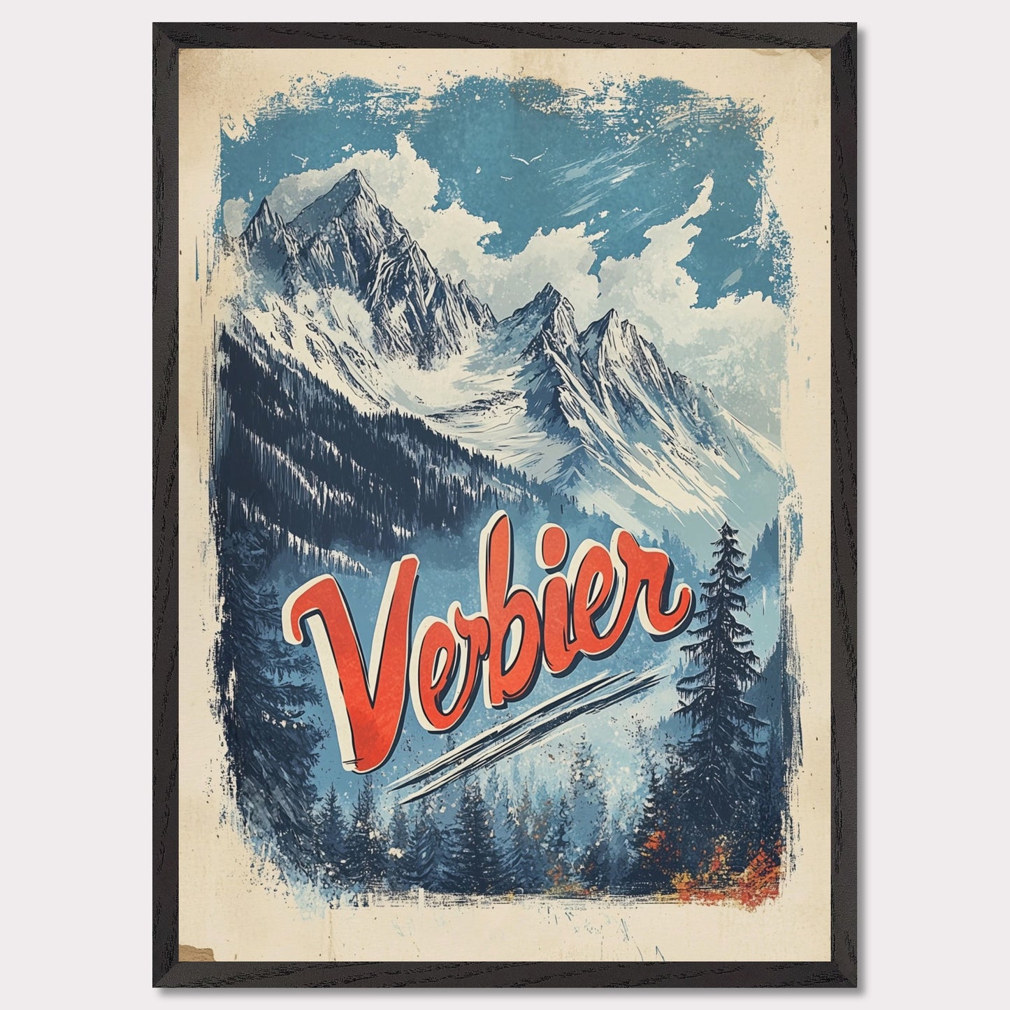 This striking vintage poster captures the breathtaking beauty of Verbier’s mountain peaks. With a bold orange and blue color palette, the image of towering snowy peaks framed by evergreen trees invites adventure and awe. The vintage typography emphasizes Verbier’s allure as a destination for both exploration and relaxation, making this an ideal representation of the Swiss Alps' majestic landscapes.