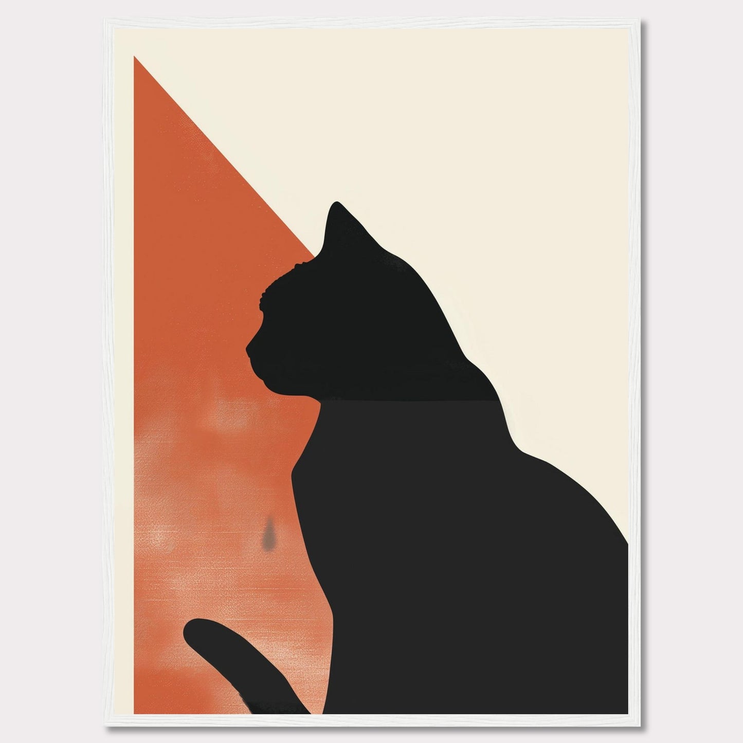 This minimalist art piece features the silhouette of a cat against a backdrop of contrasting colors. The design integrates a bold black cat figure with an orange and cream geometric background, creating a striking visual effect. The simplicity and elegance of this artwork make it a perfect addition to any modern living space.