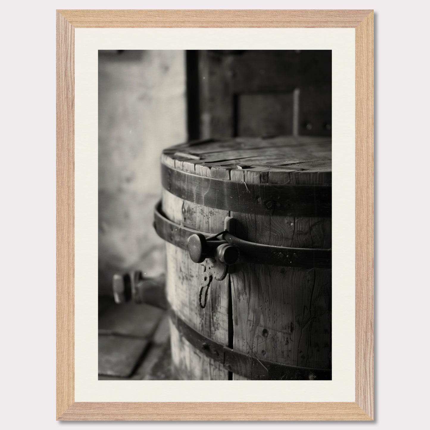 This black and white illustration depicts an old wooden barrel with metal bands, placed in a rustic setting.