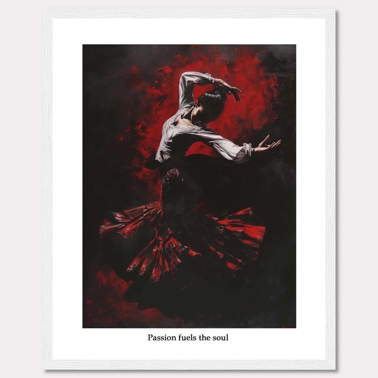 This captivating image depicts a flamenco dancer enveloped in a swirl of red and black, showcasing the intensity and passion of the dance. The dancer's expressive pose and flowing costume create a dynamic and powerful visual impact.