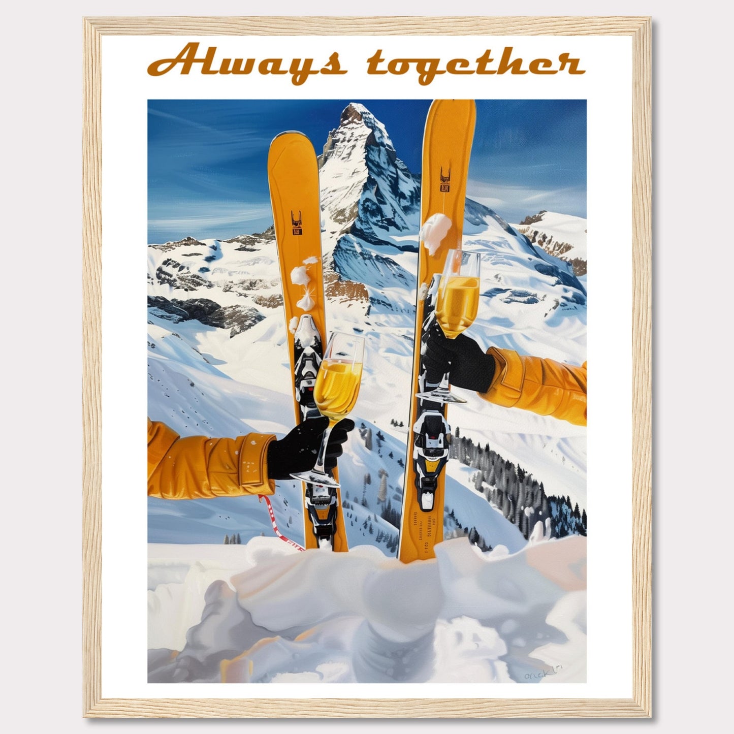 This image showcases a picturesque winter scene with two skiers celebrating on a snowy mountain. The central focus is on the skis and champagne glasses, symbolizing a joyous moment shared together.