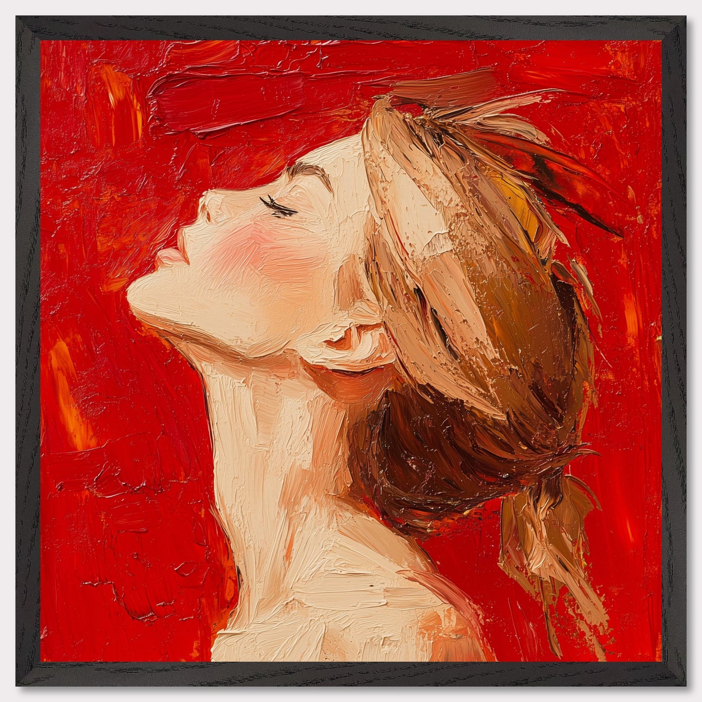 This is an illustration of a woman with her head tilted back and eyes closed, set against a vibrant red background. The artwork is characterized by thick, textured brushstrokes that give it a dynamic and expressive quality.