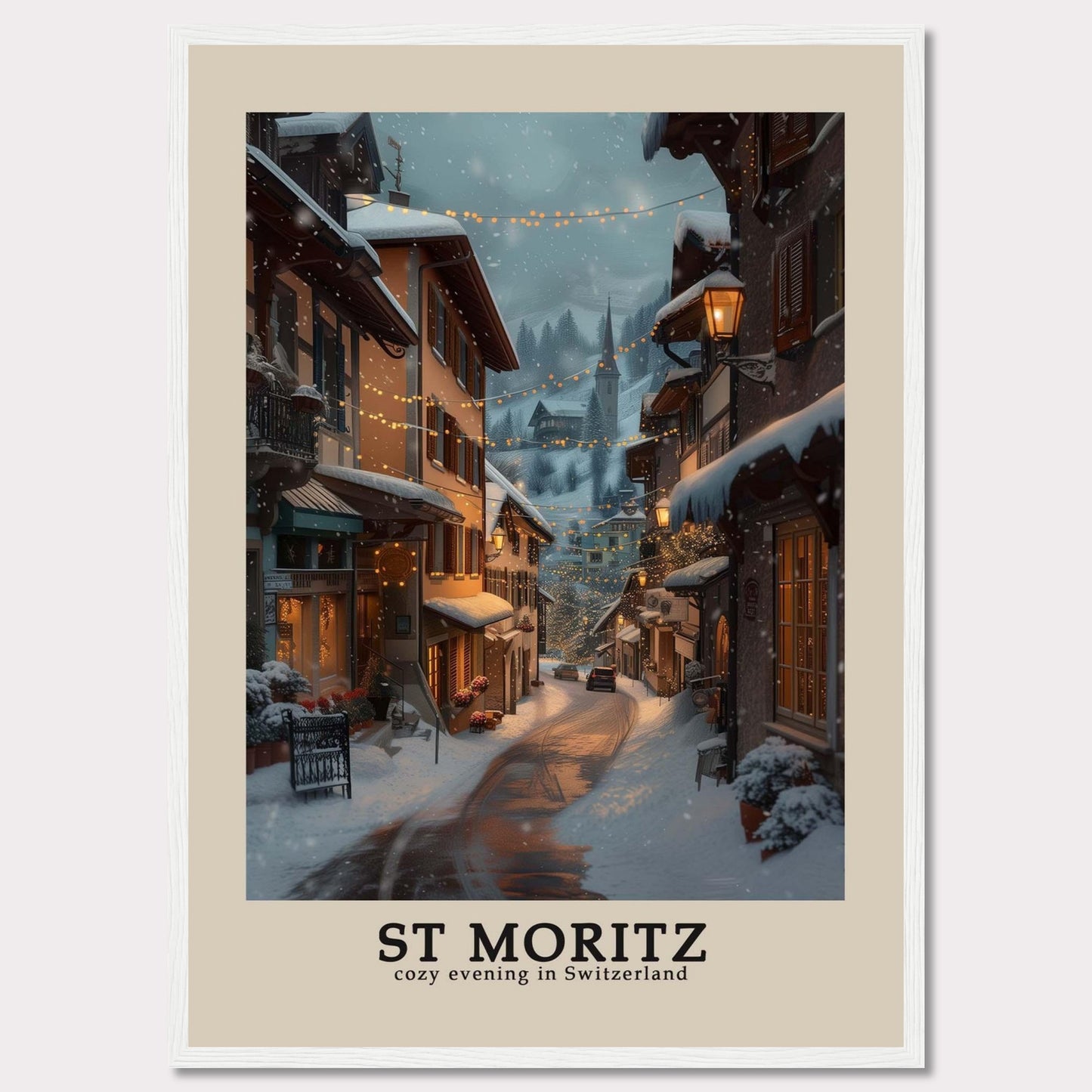 This photo showcases a charming winter evening in St. Moritz, Switzerland. The scene features snow-covered streets adorned with warm, glowing lights, quaint buildings with festive decorations, and a serene, picturesque ambiance.