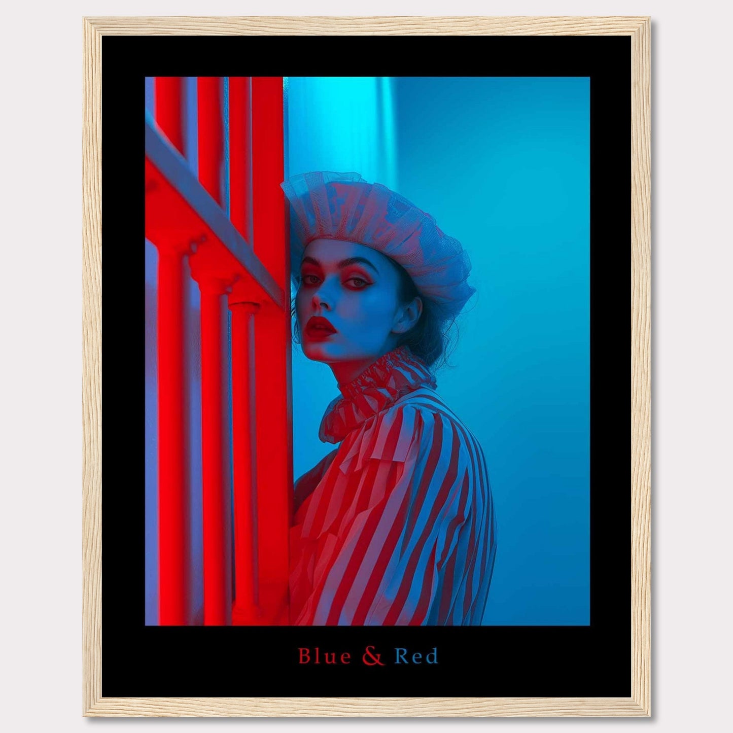 This striking poster features a dramatic portrait of a woman illuminated in contrasting blue and red lighting. The subject is dressed in a striped outfit and a sheer headpiece, creating a bold and artistic visual effect.