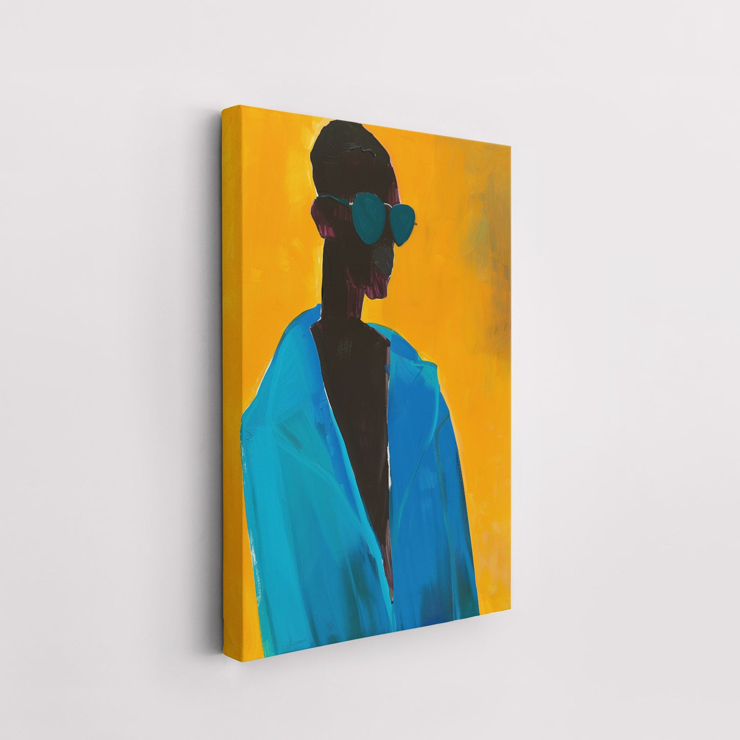 A unique art print of a person with dark skin and blue clothing on a yellow background. The figure is wearing large, round sunglasses and is depicted in a modern, abstract style with bold colors and simple shapes. This striking "Blue and yellow fashion - Canvas" by ArtDarts is mounted on a white wall.