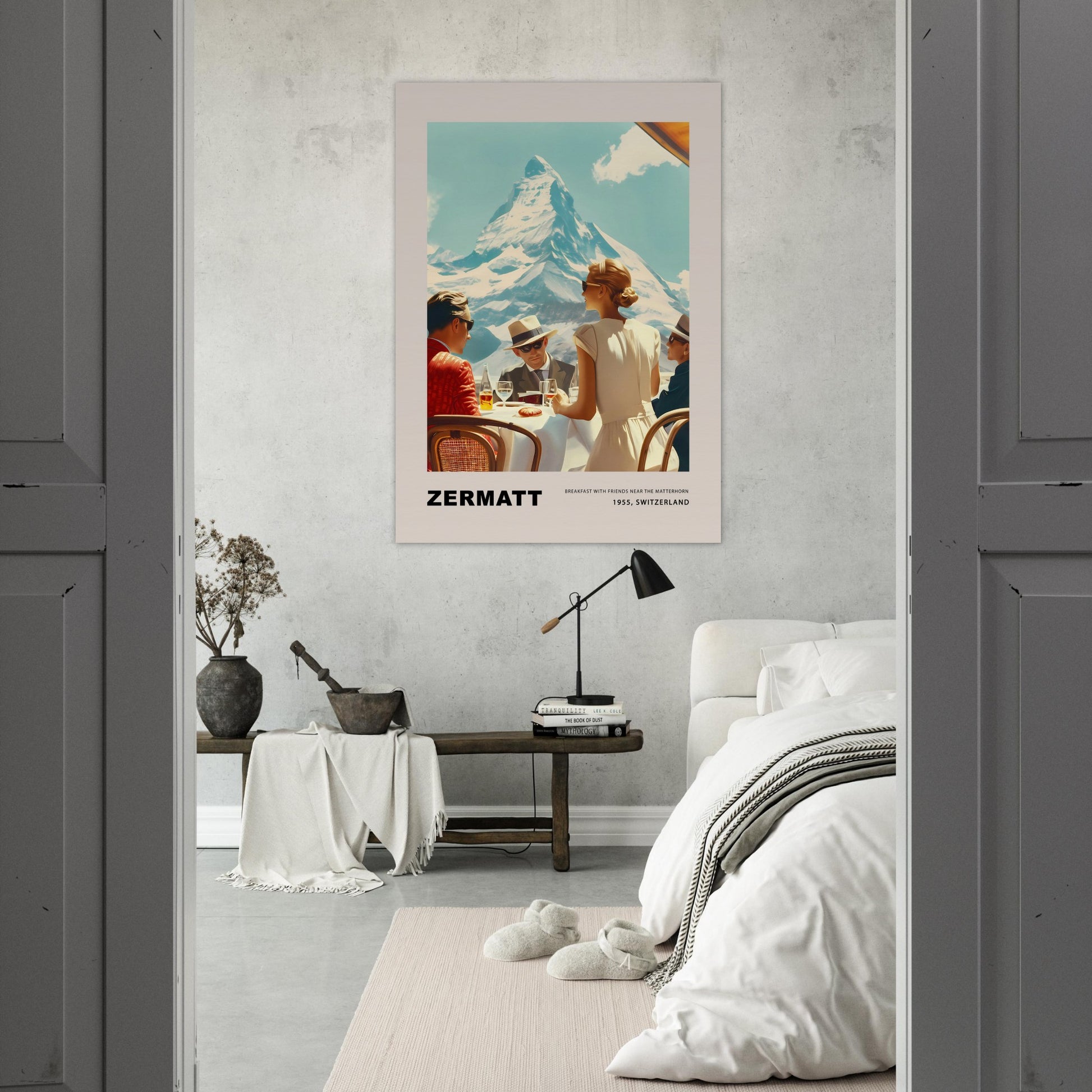 Experience the charm of Zermatt with this vintage poster featuring a group of friends enjoying breakfast against the stunning backdrop of the Matterhorn. This nostalgic scene from 1955, Switzerland, captures the essence of leisurely mornings and breathtaking mountain views.