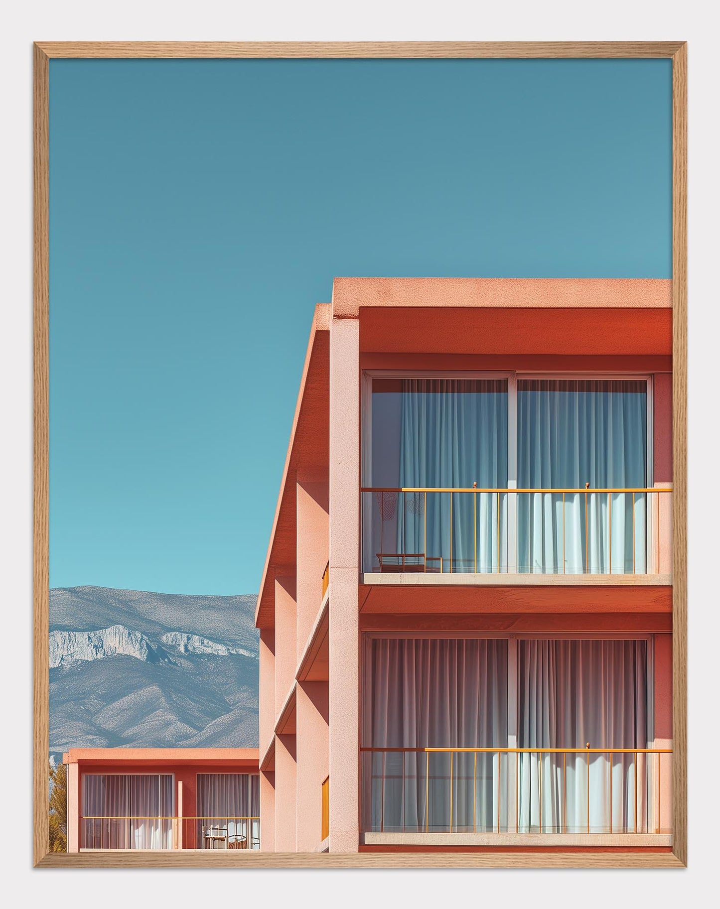 Pink houses with mountains in the background - ArtDarts poster