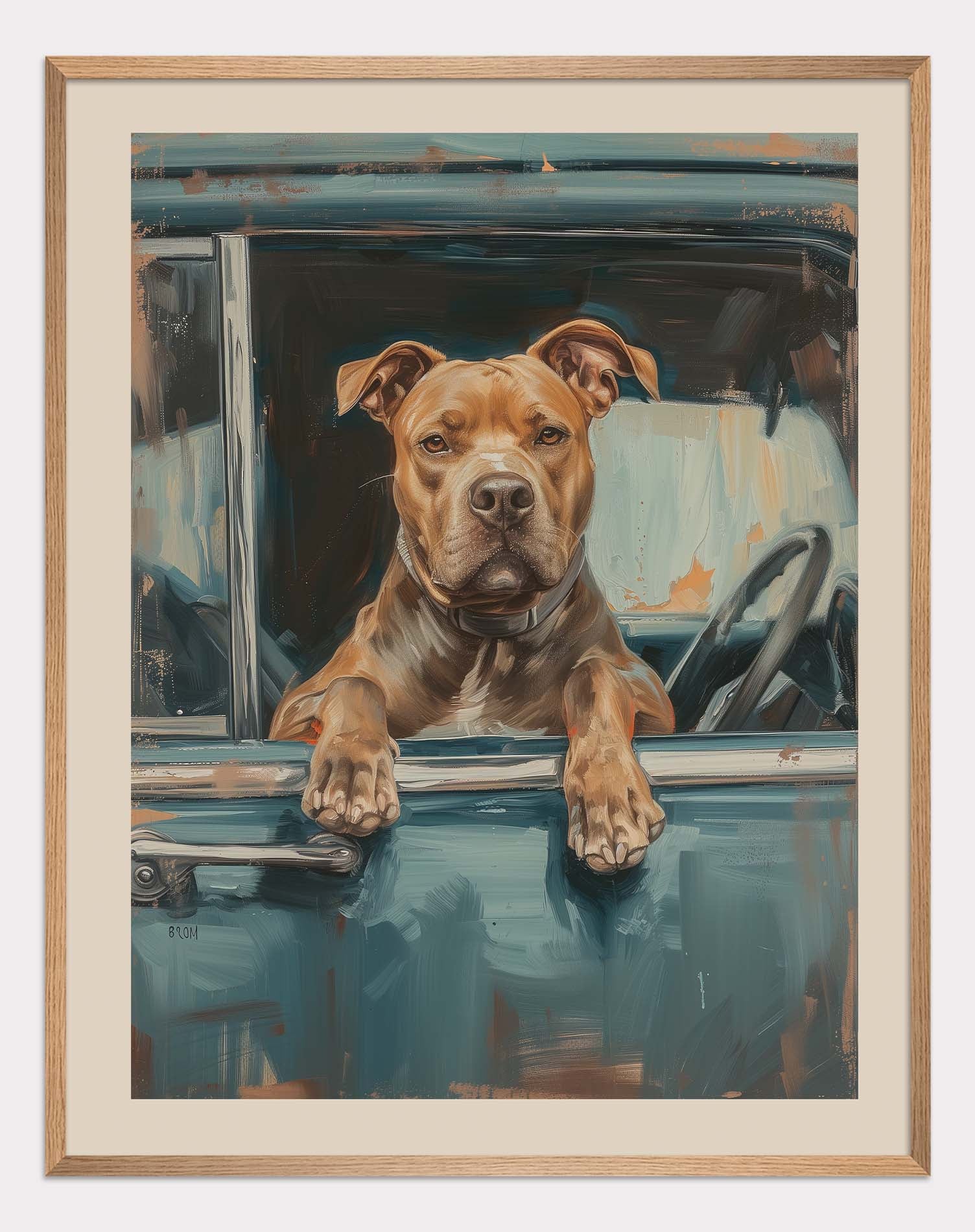 Pit bulls in a retro car Poster - ArtDarts poster