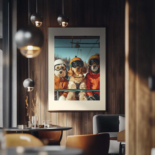 Trois chiens d'un skieur - Affiche avec cadre en bois