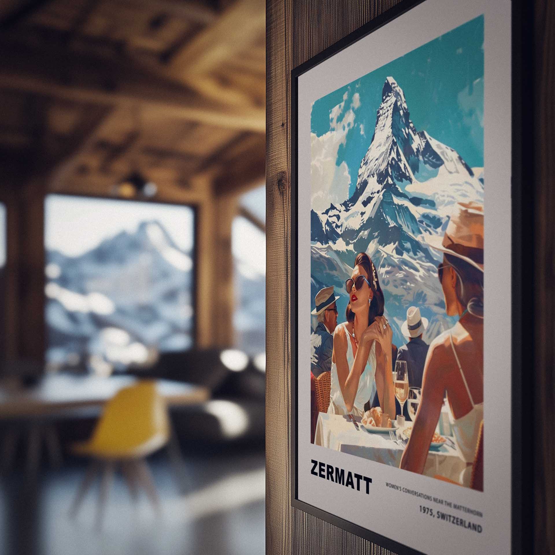 This poster showcases an elegant and nostalgic scene set in Zermatt, Switzerland, against the breathtaking backdrop of the Matterhorn. The image captures a sophisticated moment of leisure, where well-dressed individuals enjoy a luxurious outdoor meal, embodying the glamour of 1975.