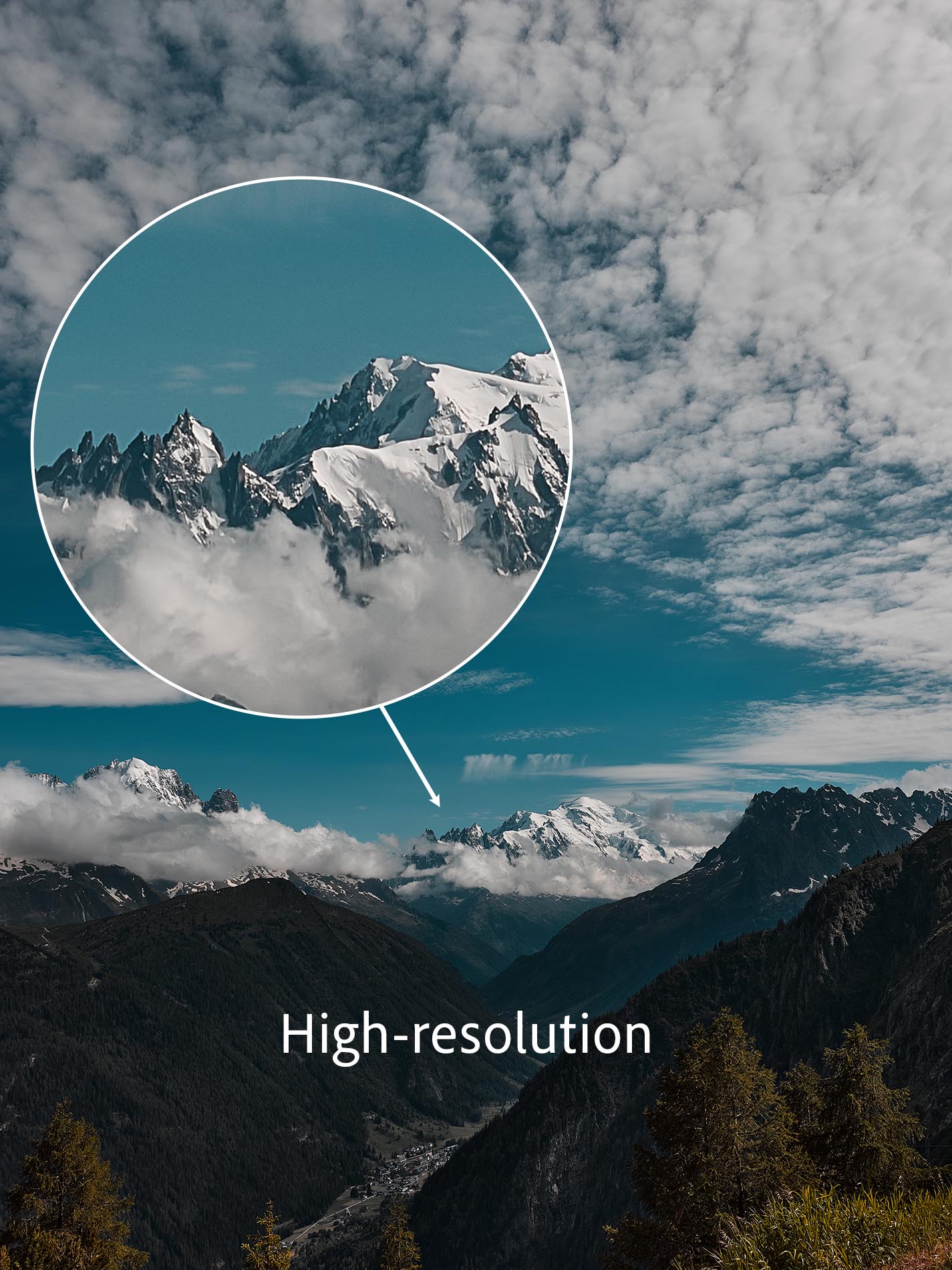 This stunning framed photograph showcases the majestic Mont Blanc under a vibrant sky filled with scattered clouds. The image captures the breathtaking beauty of the Alps, with snow-capped peaks, lush green valleys, and dense forested areas. The contrast between the serene blue sky and rugged mountain terrain creates a mesmerizing visual experience.