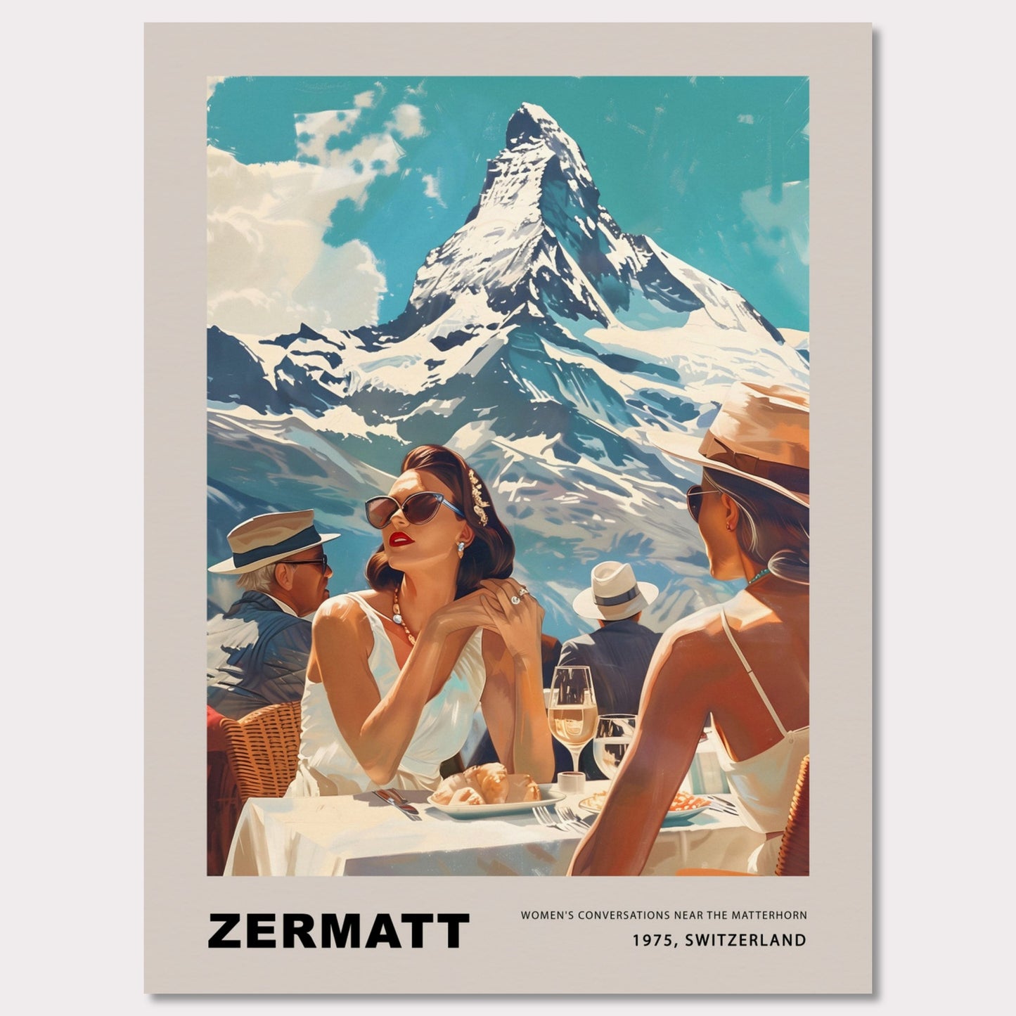 This poster showcases an elegant and nostalgic scene set in Zermatt, Switzerland, against the breathtaking backdrop of the Matterhorn. The image captures a sophisticated moment of leisure, where well-dressed individuals enjoy a luxurious outdoor meal, embodying the glamour of 1975.