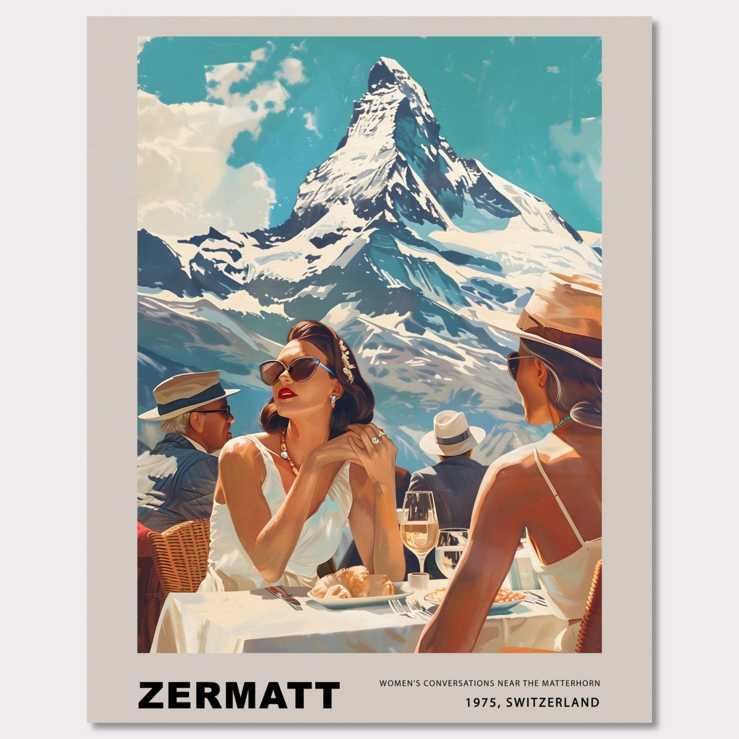 This poster showcases an elegant and nostalgic scene set in Zermatt, Switzerland, against the breathtaking backdrop of the Matterhorn. The image captures a sophisticated moment of leisure, where well-dressed individuals enjoy a luxurious outdoor meal, embodying the glamour of 1975.