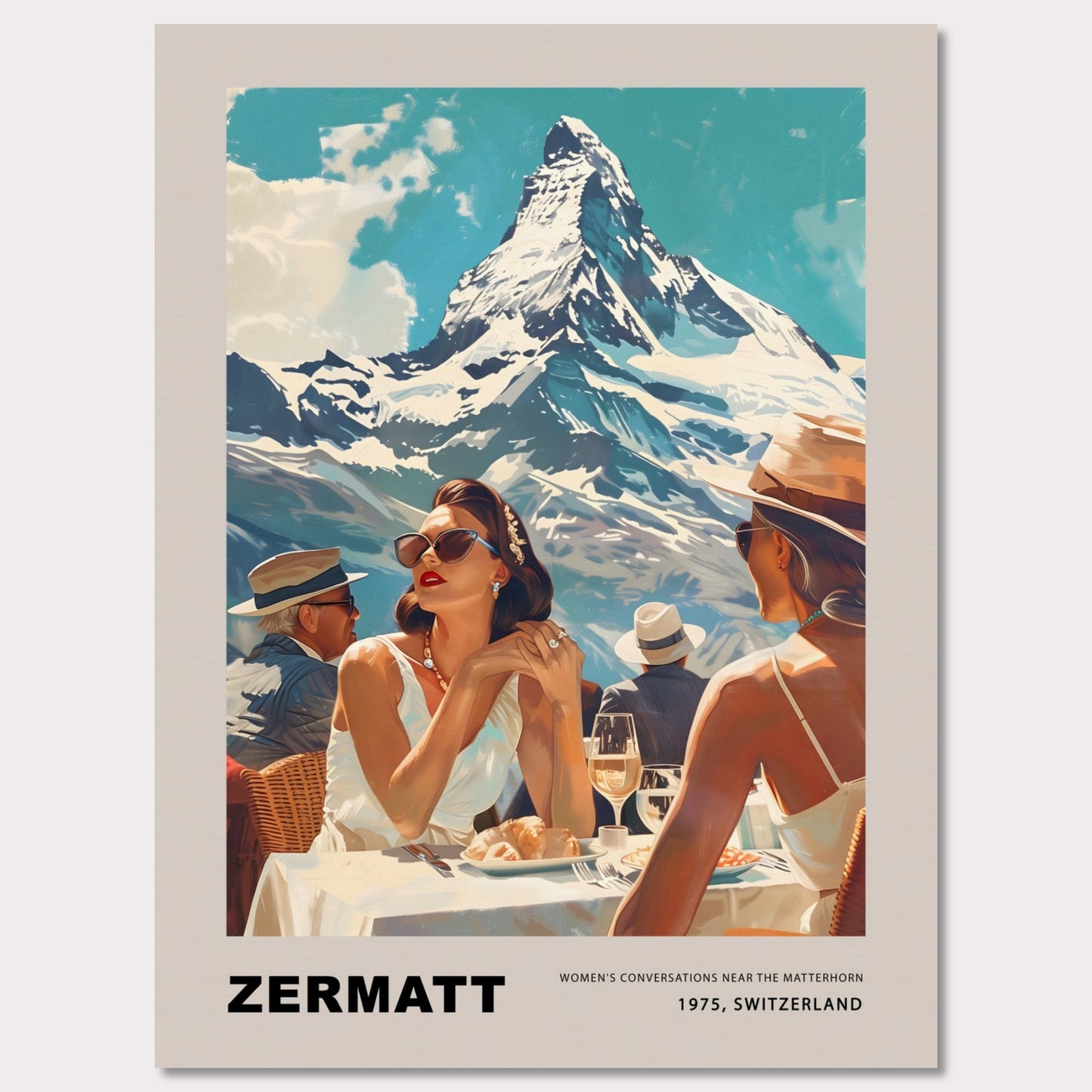 This poster showcases an elegant and nostalgic scene set in Zermatt, Switzerland, against the breathtaking backdrop of the Matterhorn. The image captures a sophisticated moment of leisure, where well-dressed individuals enjoy a luxurious outdoor meal, embodying the glamour of 1975.