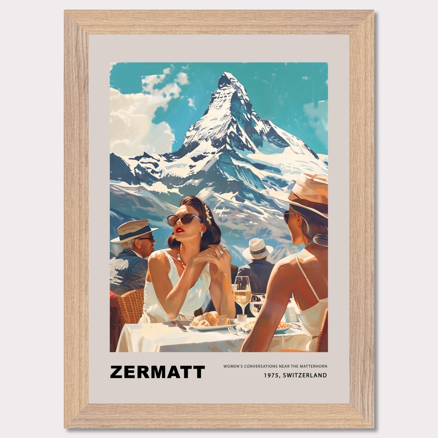 This poster showcases an elegant and nostalgic scene set in Zermatt, Switzerland, against the breathtaking backdrop of the Matterhorn. The image captures a sophisticated moment of leisure, where well-dressed individuals enjoy a luxurious outdoor meal, embodying the glamour of 1975.