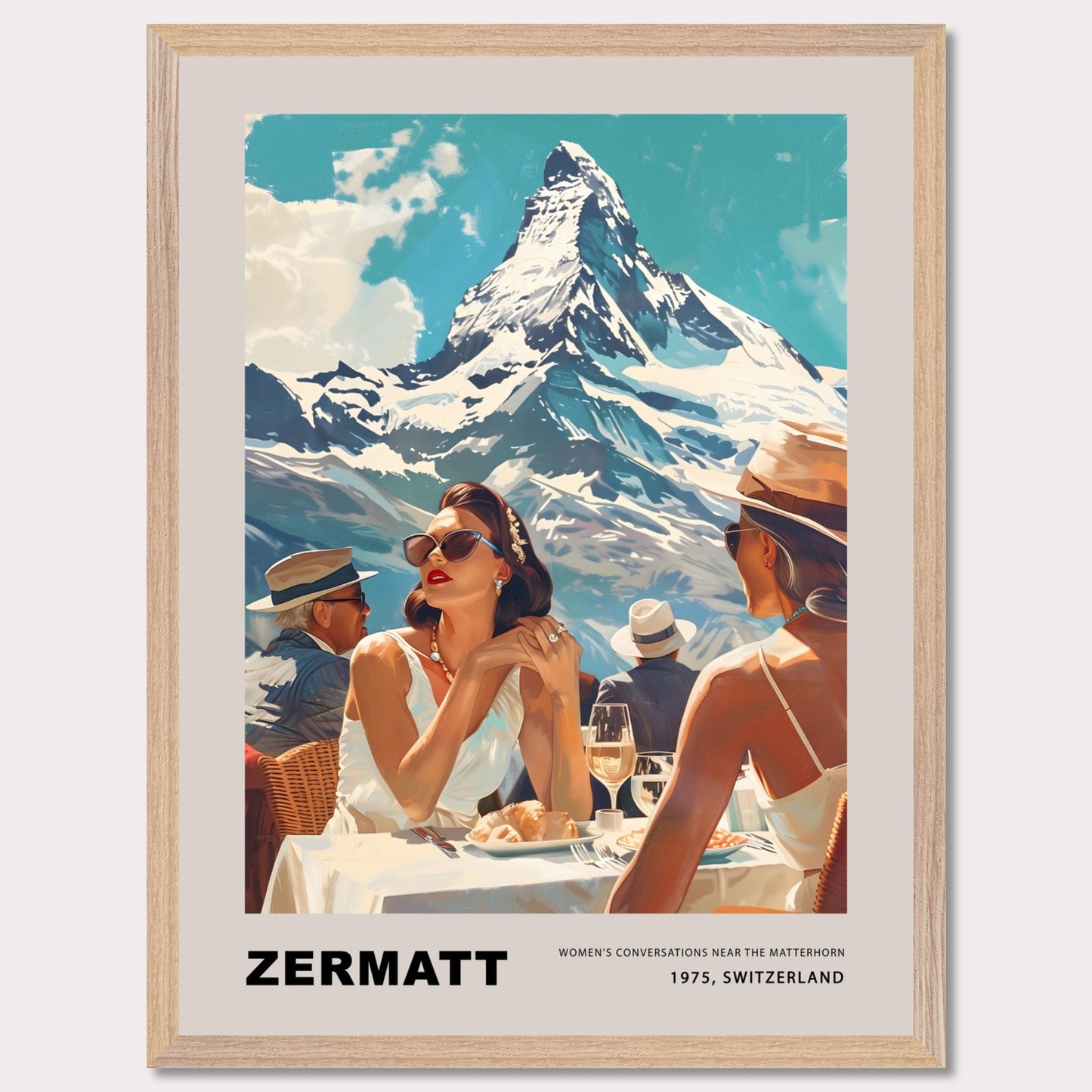 This poster showcases an elegant and nostalgic scene set in Zermatt, Switzerland, against the breathtaking backdrop of the Matterhorn. The image captures a sophisticated moment of leisure, where well-dressed individuals enjoy a luxurious outdoor meal, embodying the glamour of 1975.