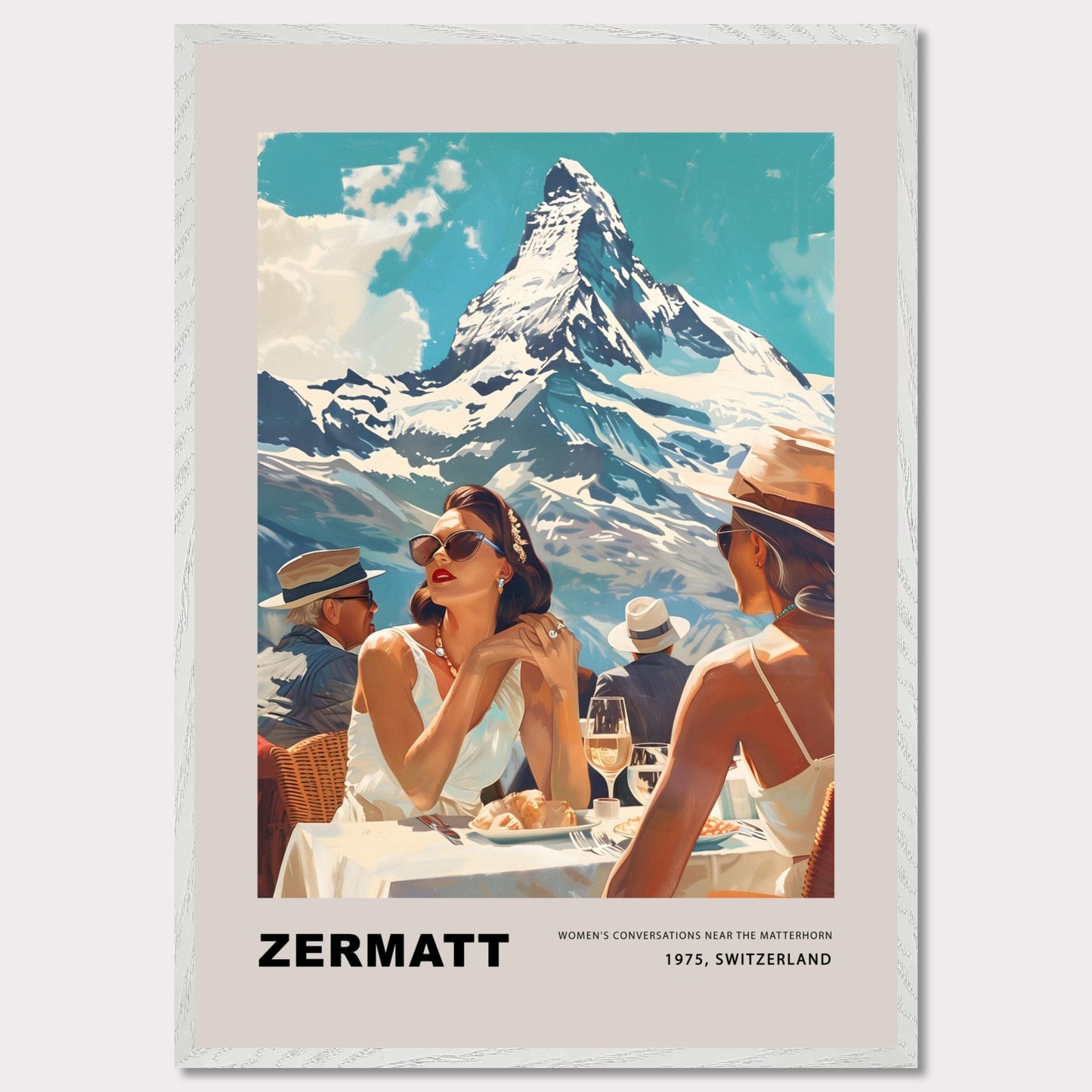 This poster showcases an elegant and nostalgic scene set in Zermatt, Switzerland, against the breathtaking backdrop of the Matterhorn. The image captures a sophisticated moment of leisure, where well-dressed individuals enjoy a luxurious outdoor meal, embodying the glamour of 1975.