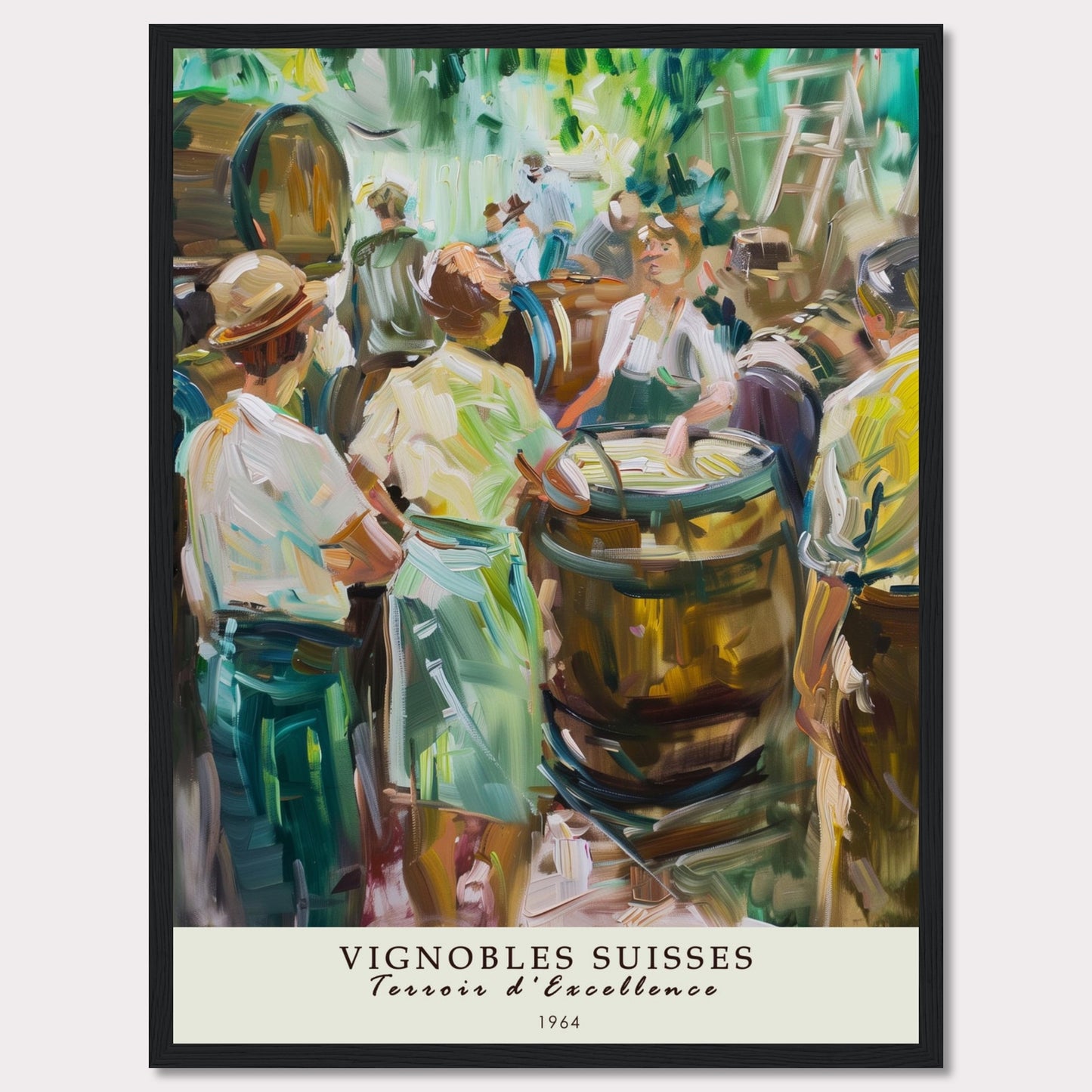 This vibrant painting captures a lively scene of people gathered around wine barrels, reflecting the rich tradition of Swiss vineyards.