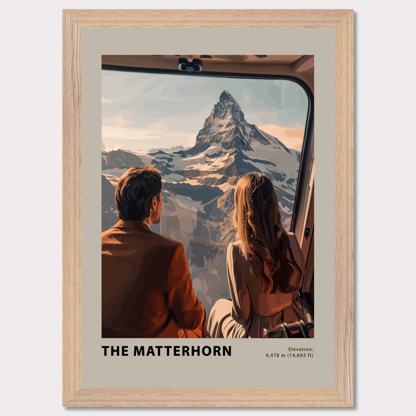 This image showcases a stunning view of the Matterhorn, with two individuals gazing at the majestic mountain from a window. The scene captures the awe-inspiring beauty of the snow-capped peak under a serene sky.