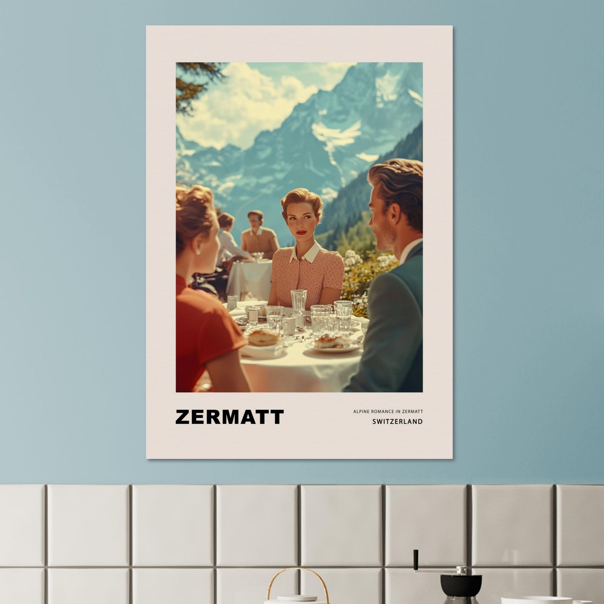 This poster transports us to a world of elegant romance amidst the mountainous landscapes of Zermatt, Switzerland. At the center of the scene is a refined woman with a romantic, enigmatic gaze directed at the man across the table on a café terrace, set against the majestic backdrop of the Alps. 