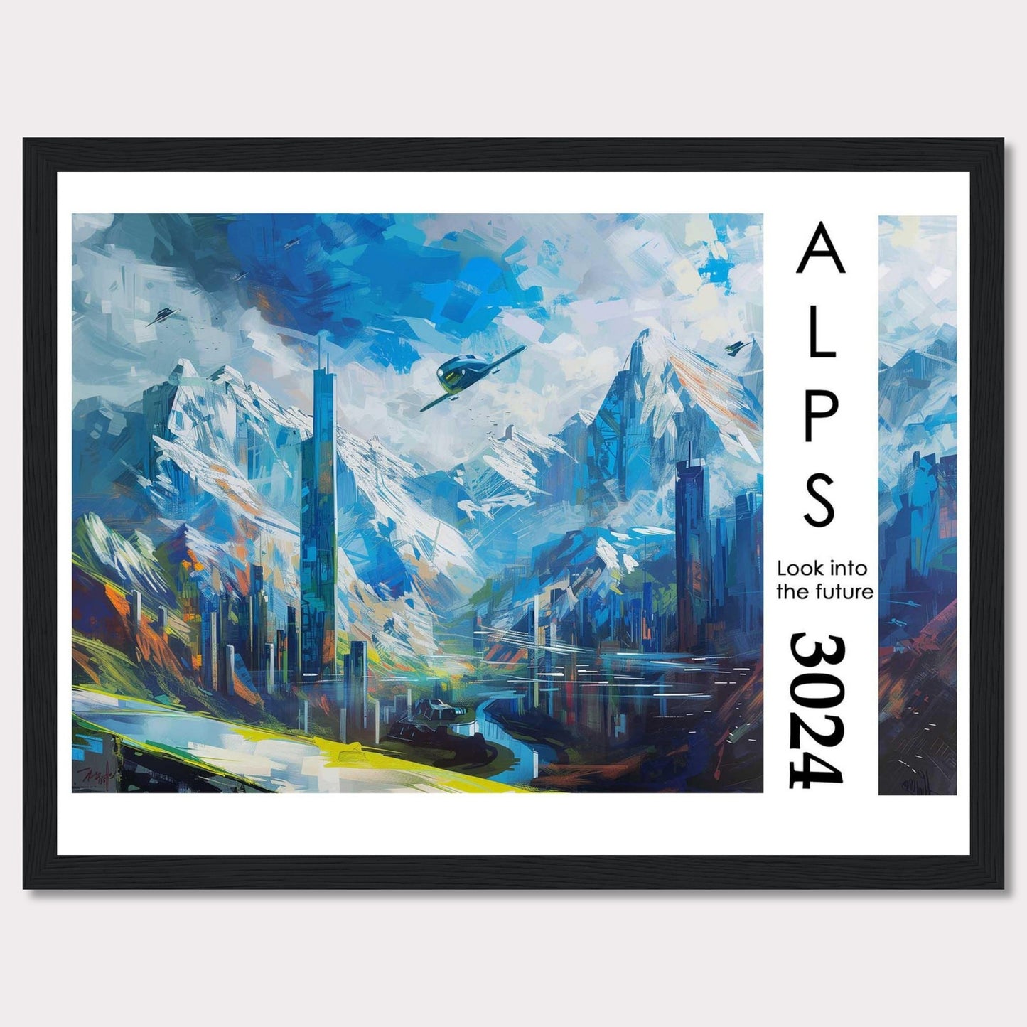 This artwork portrays a futuristic cityscape nestled within the majestic Alps, featuring towering skyscrapers, serene water bodies, and flying vehicles.