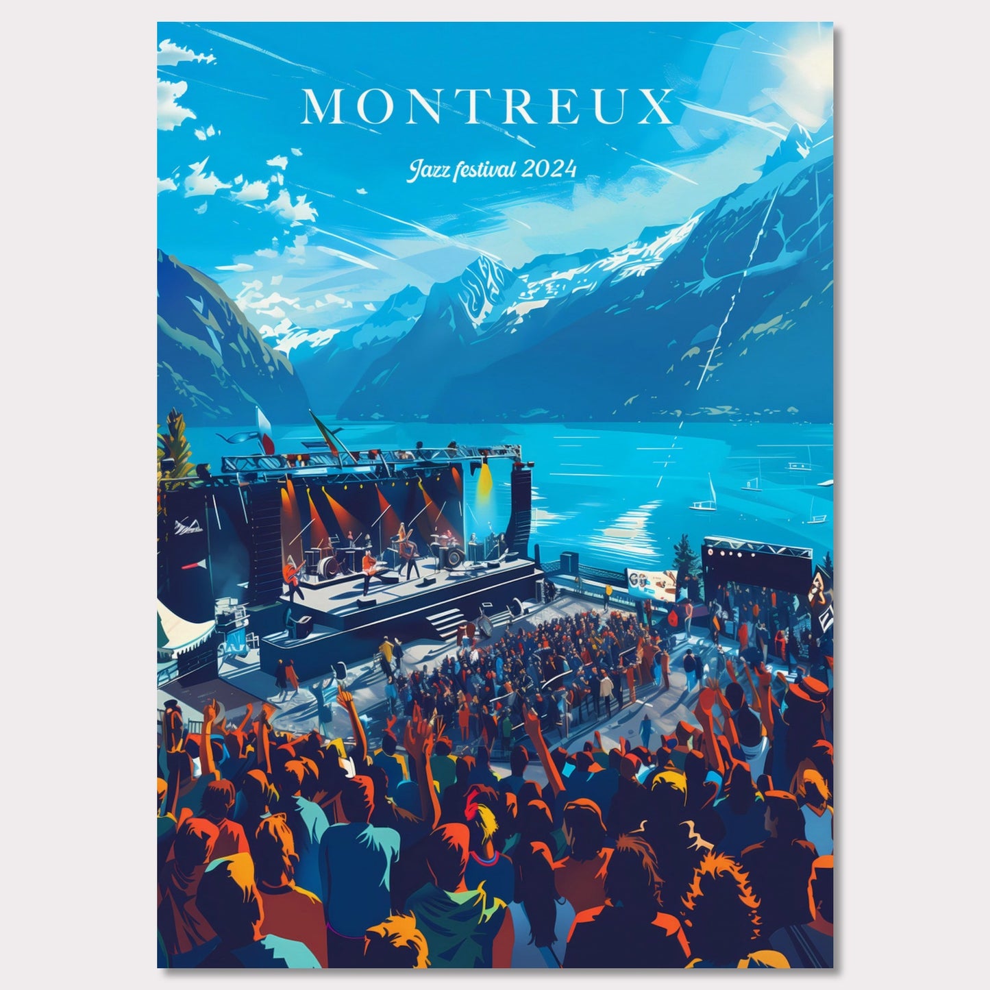 This vibrant poster showcases the Montreux Jazz Festival 2024, set against the stunning backdrop of Lake Geneva and the Swiss Alps. The image features a lively crowd enjoying a performance on an outdoor stage, with musicians playing under a clear blue sky.