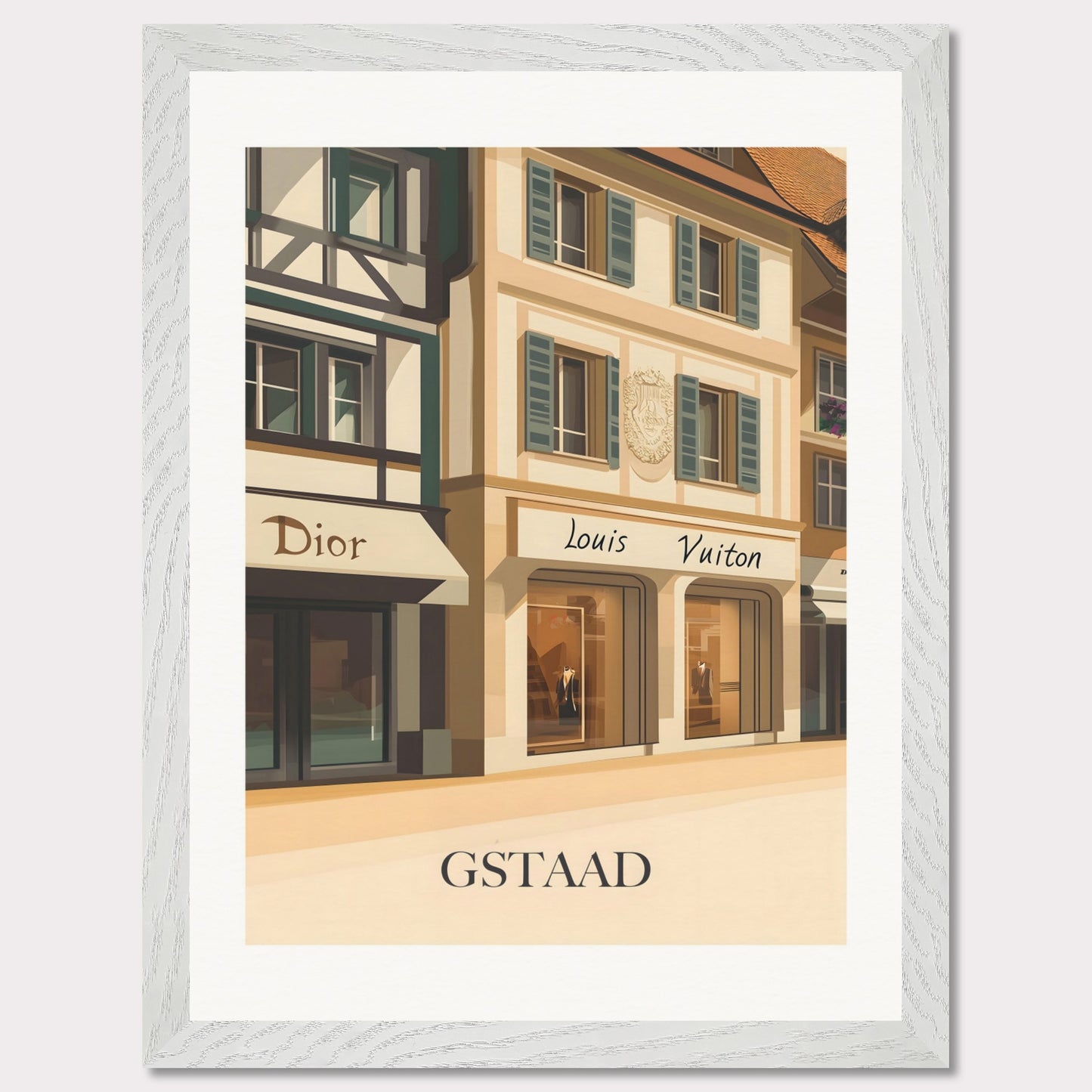 A beautifully illustrated poster showcasing Gstaad’s world-class shopping scene. The charming facades of Dior and Louis Vuitton boutiques reflect the town’s upscale ambiance.