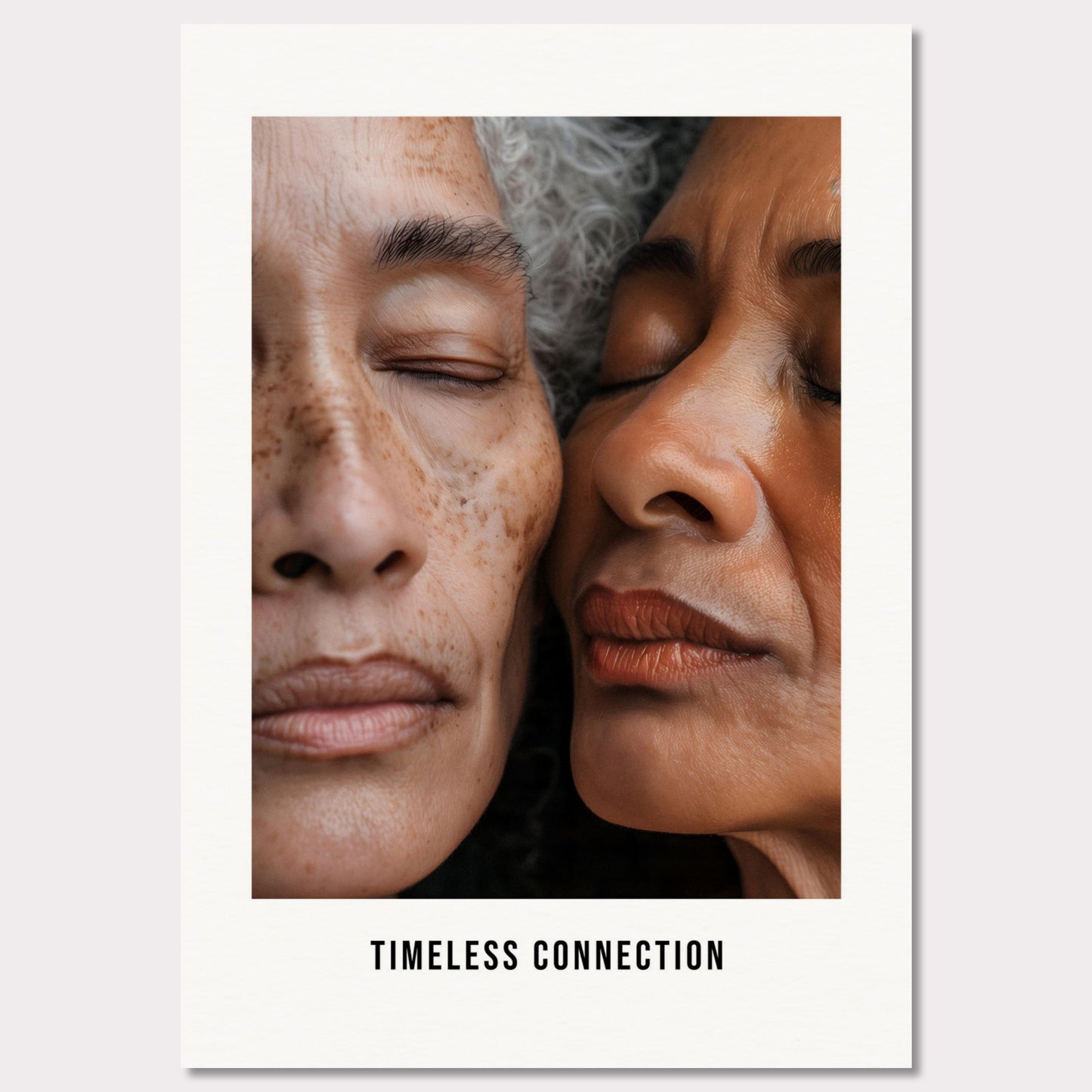 This illustration shows a close-up view of two elderly individuals with their eyes closed, conveying a sense of peace and connection. The text "TIMELESS CONNECTION" is displayed at the bottom.

This poster would fit well in a living room, bedroom, or any space meant for relaxation and reflection.