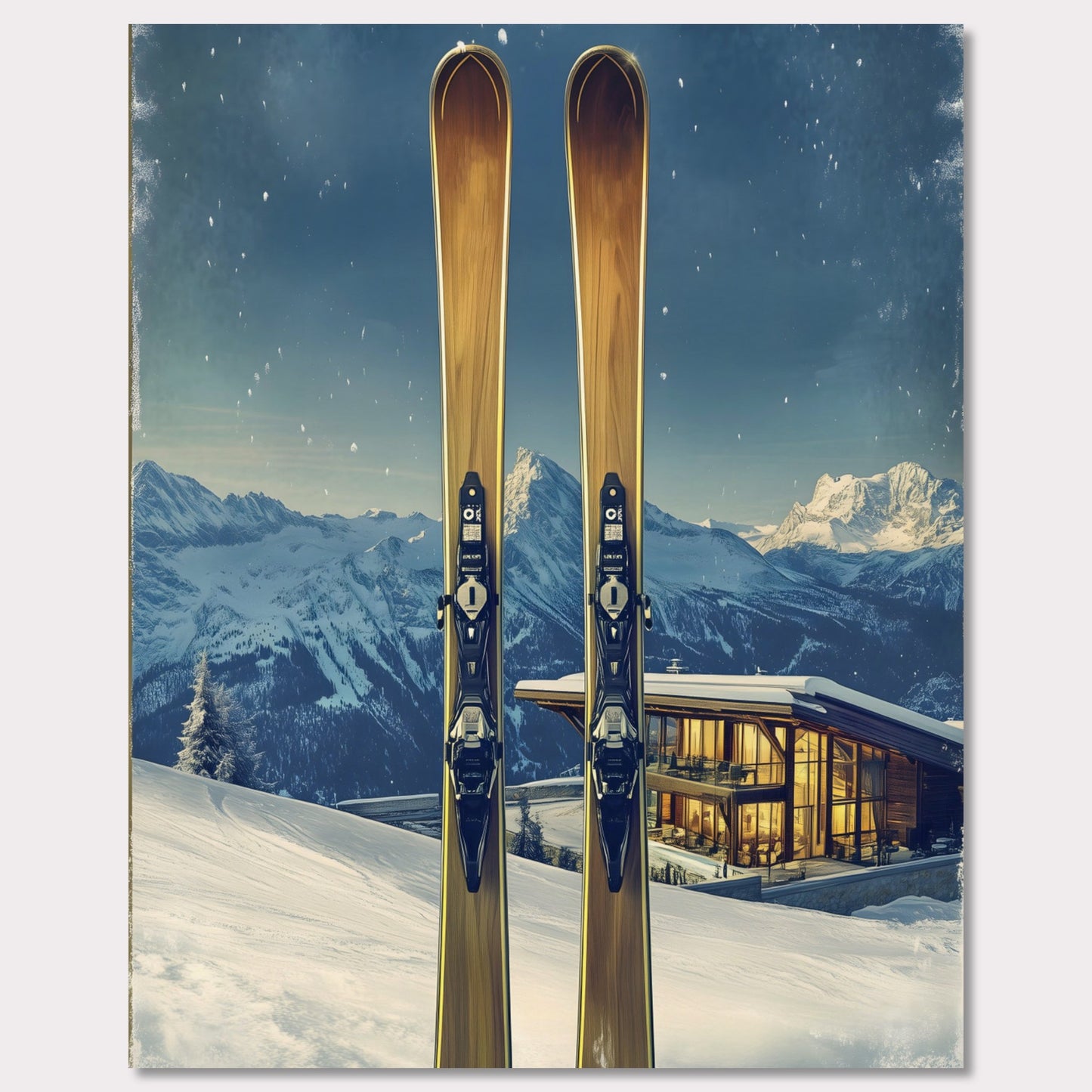 This elegant poster showcases the perfect blend of tradition and modernity in a snowy alpine escape. Two sleek skis stand proudly in the foreground, while a contemporary, glowing chalet nestled in the mountains provides a warm contrast to the frosty winter scene.