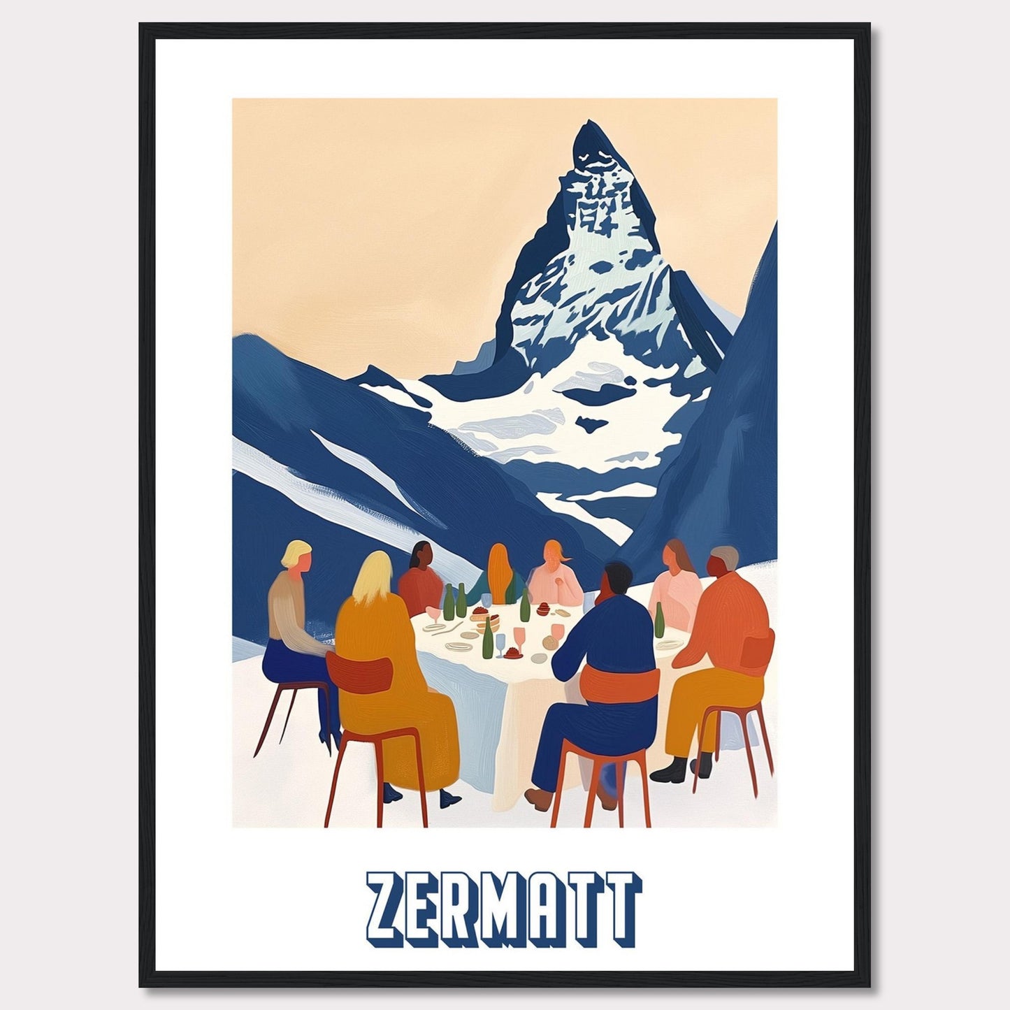 A vibrant and artistic illustration of a group of people dining outdoors with the majestic Matterhorn mountain in the background. The scene captures the essence of Zermatt, Switzerland.