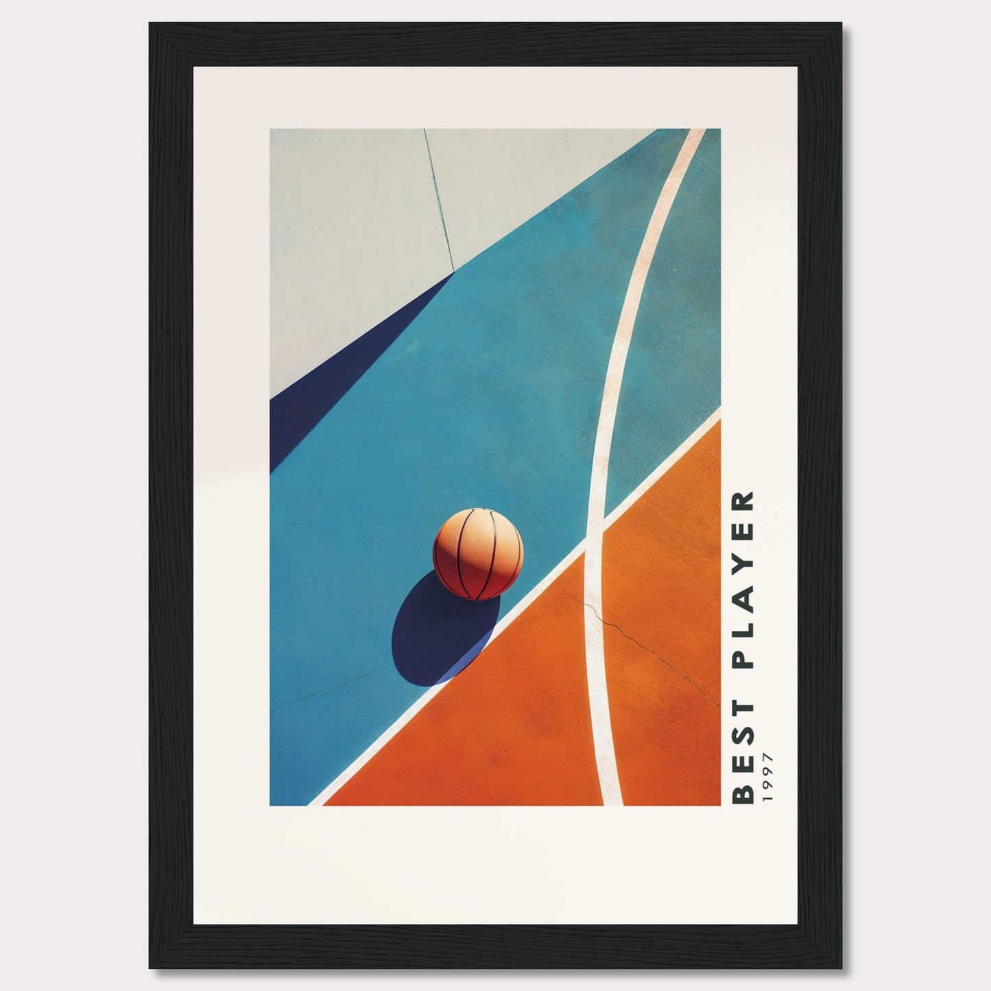 This striking poster features a basketball resting on a vibrant court, divided into bold blue and orange sections. The image is framed in black, with the text "BEST PLAYER 1997" vertically aligned on the right side.