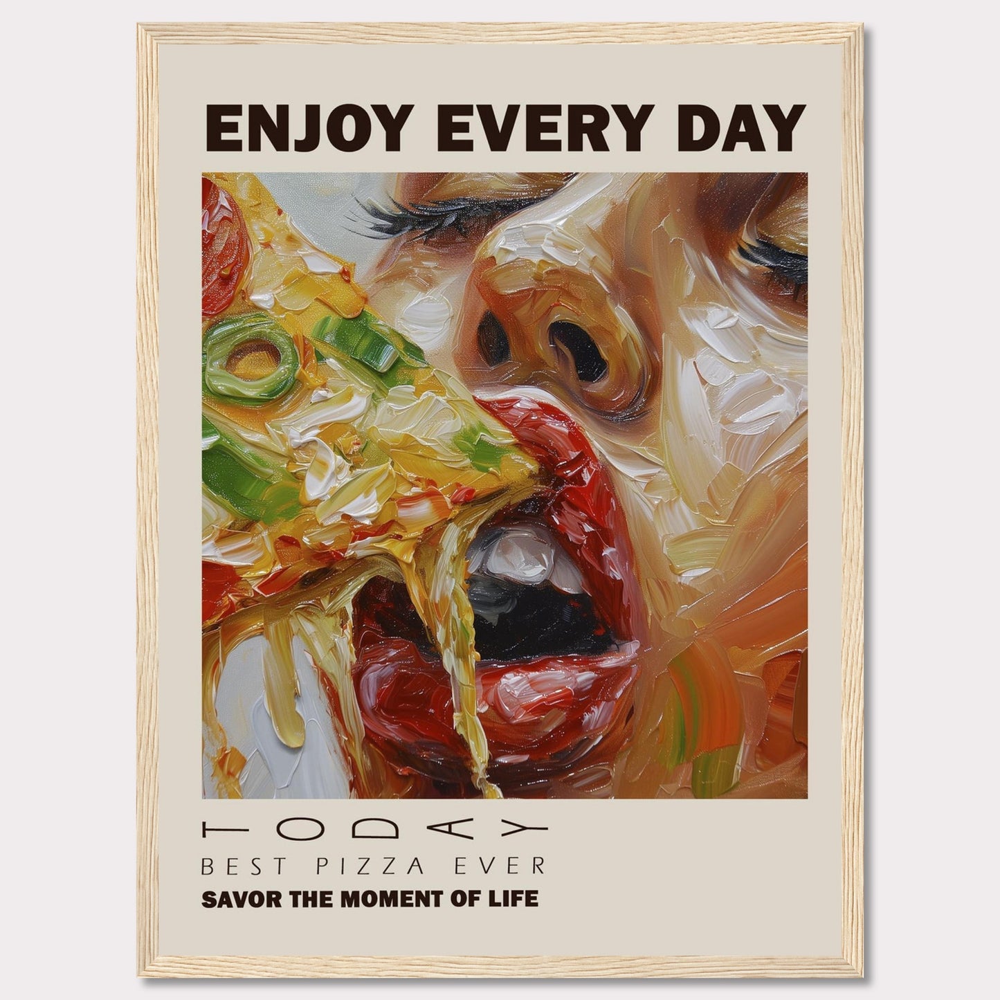 Enjoy a delicious slice of pizza every day with this vibrant and artistic poster. The image showcases a close-up of a person savoring a cheesy, vegetable-topped pizza slice.